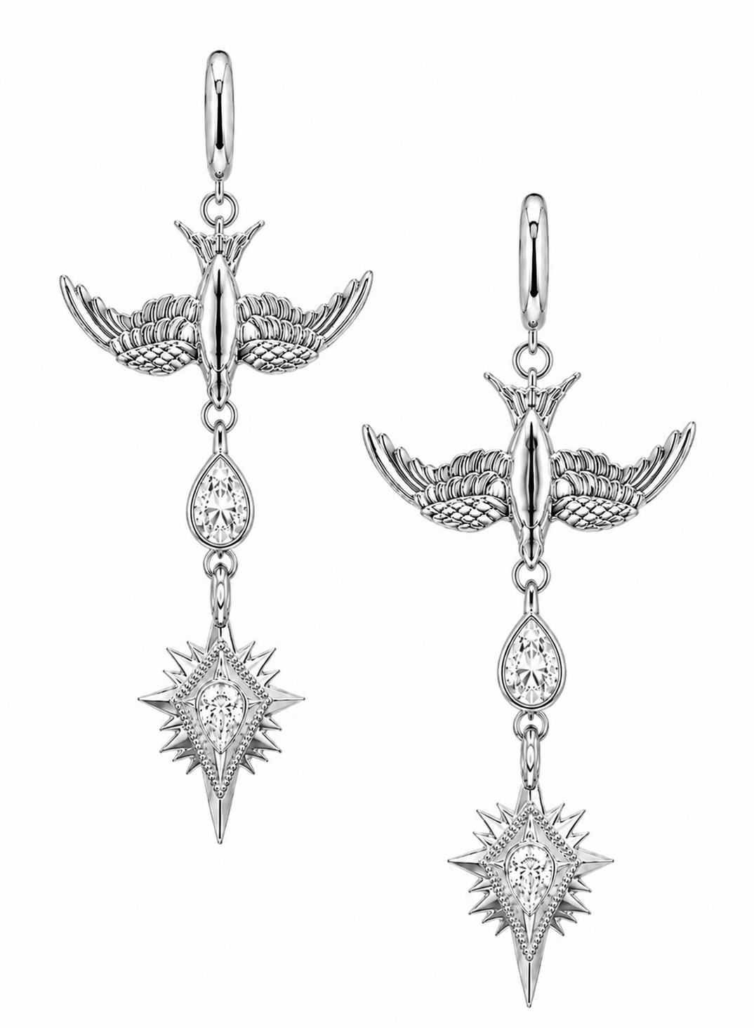 Lost at Sea Swallow & Northern Star Diamond Drop Earrings – Sterling Silver