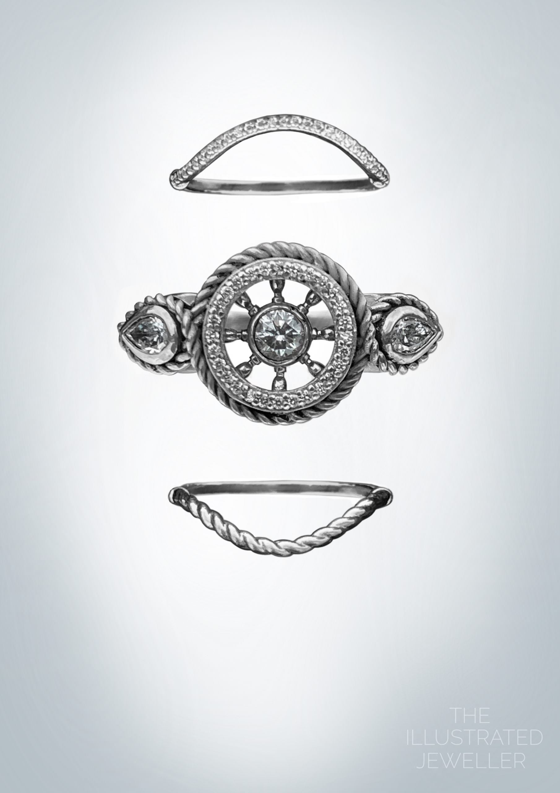 "EYE OF THE STORM" Ocean wave diamond stack, white gold
