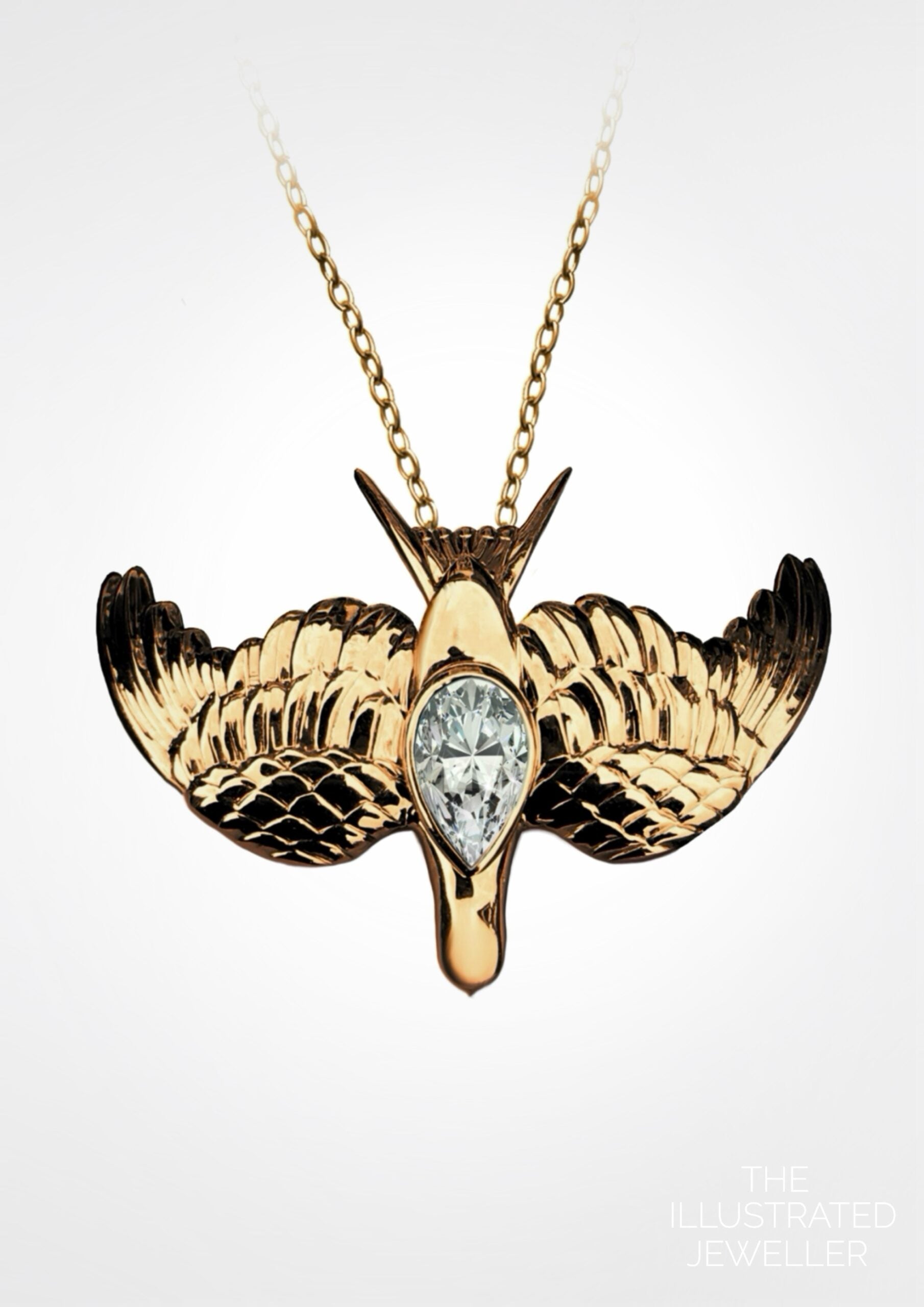 Large Swallow Pendant Necklace – 18ct Gold Vermeil with Bezel-Set Pear CZ on Belcher Chain