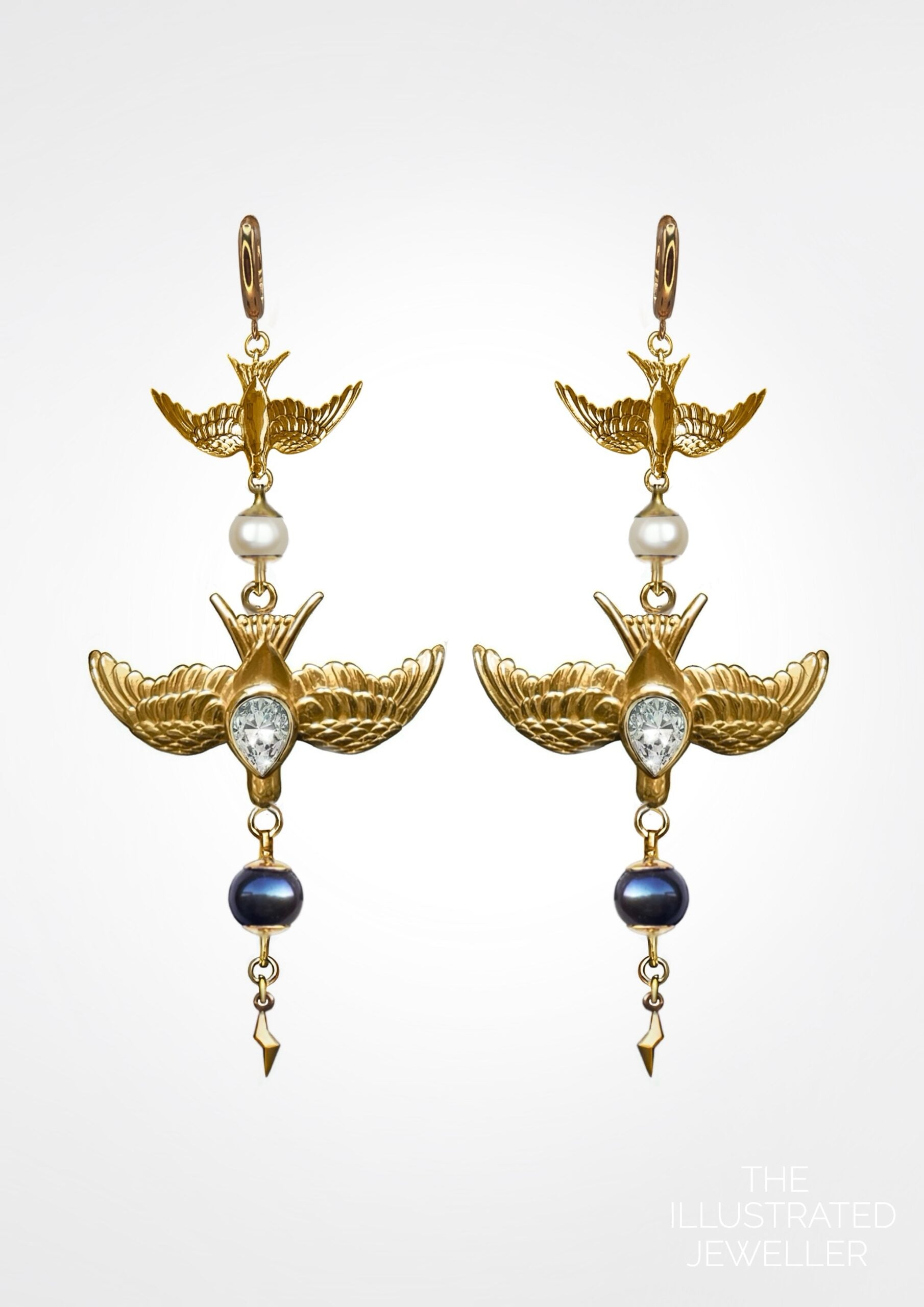double swallow diamond & pearl cocktail earrings, yellow gold