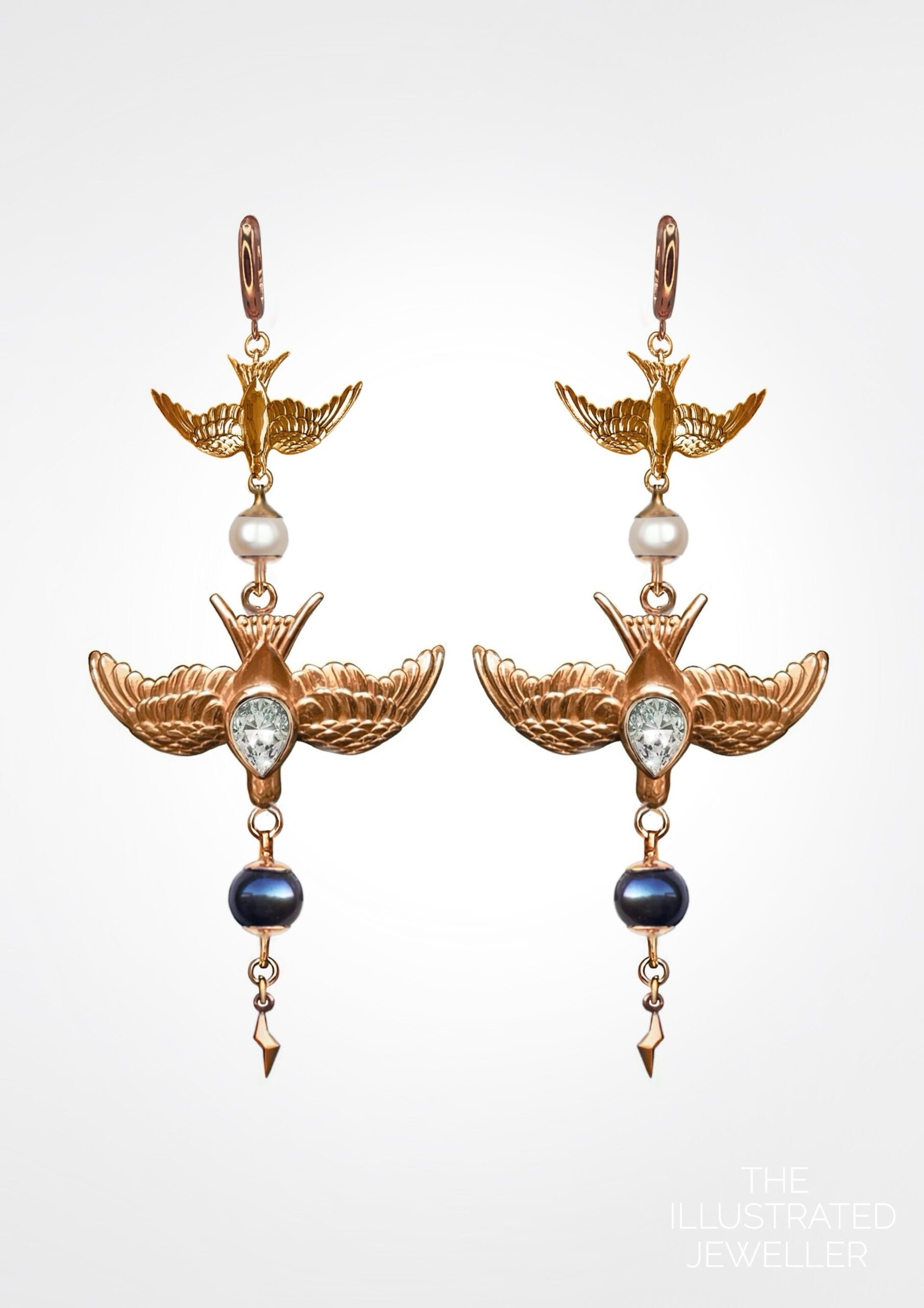 double swallow diamond & pearl cocktail earrings, rose gold