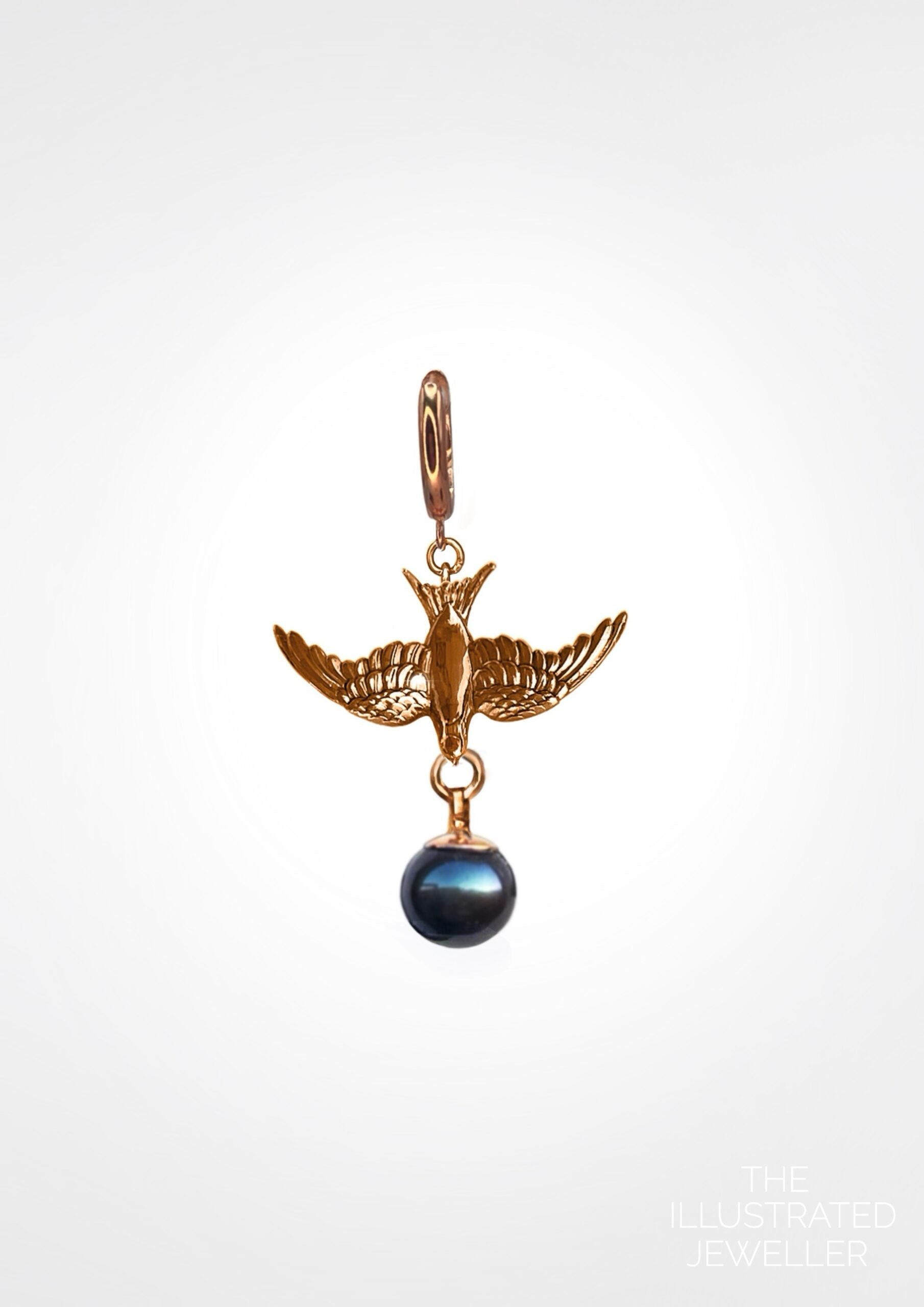 Small swallow earring with pearl charm, rose gold (single)