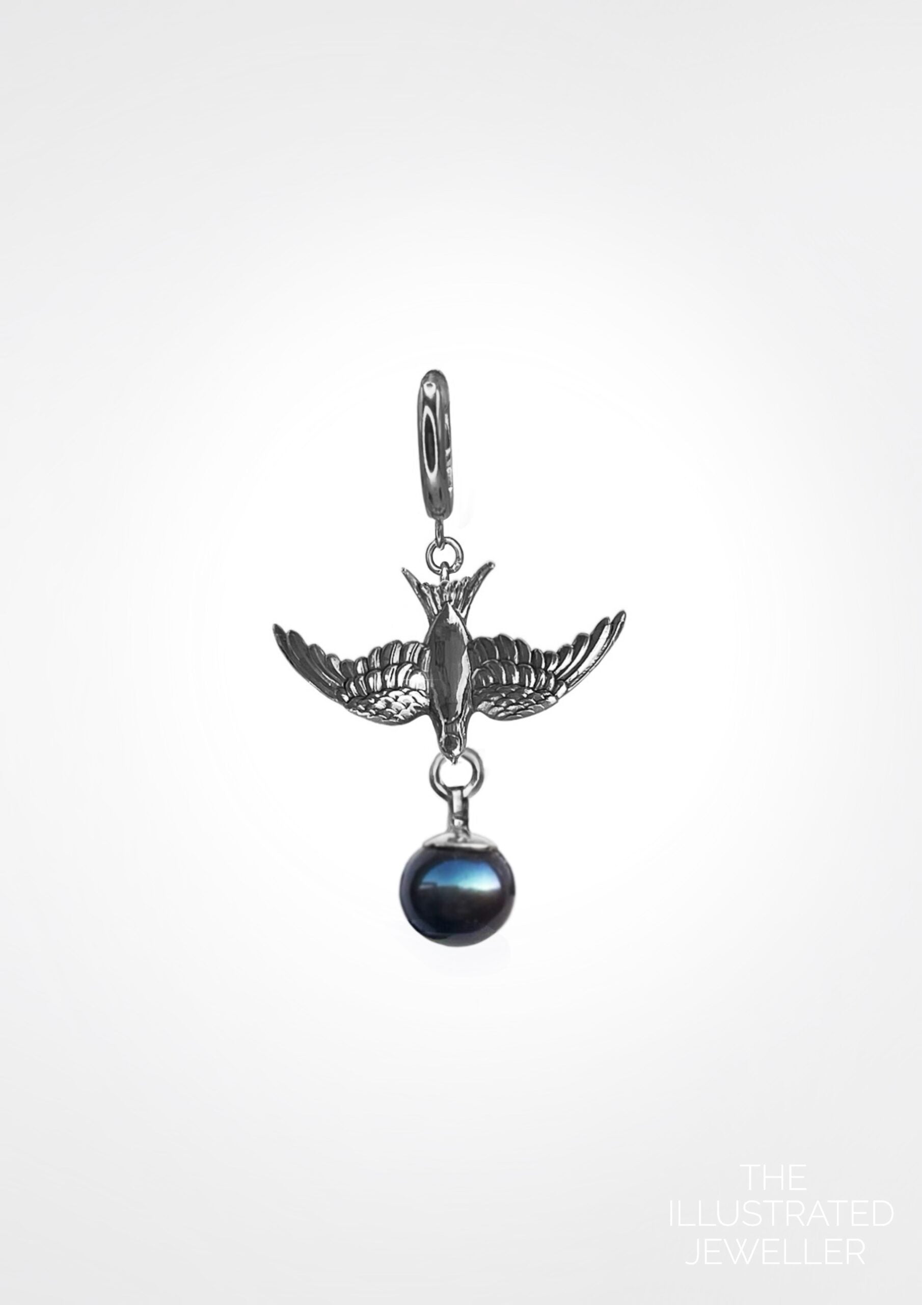 Small swallow earring with pearl charm, white gold (single)