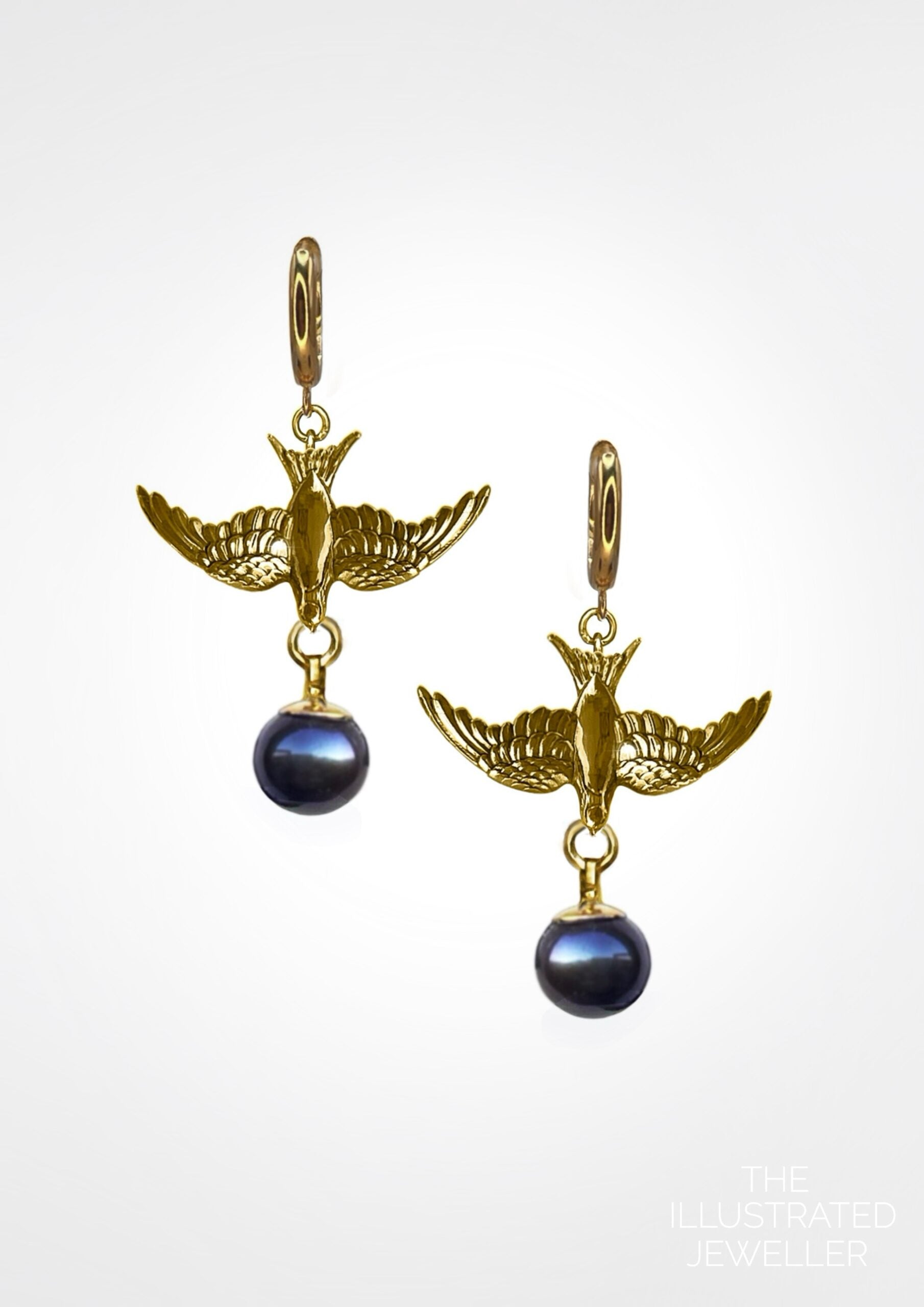 Swallow Hoop Earrings – 18ct Gold Vermeil with Peacock Tahitian Pearls on huggie Clickers