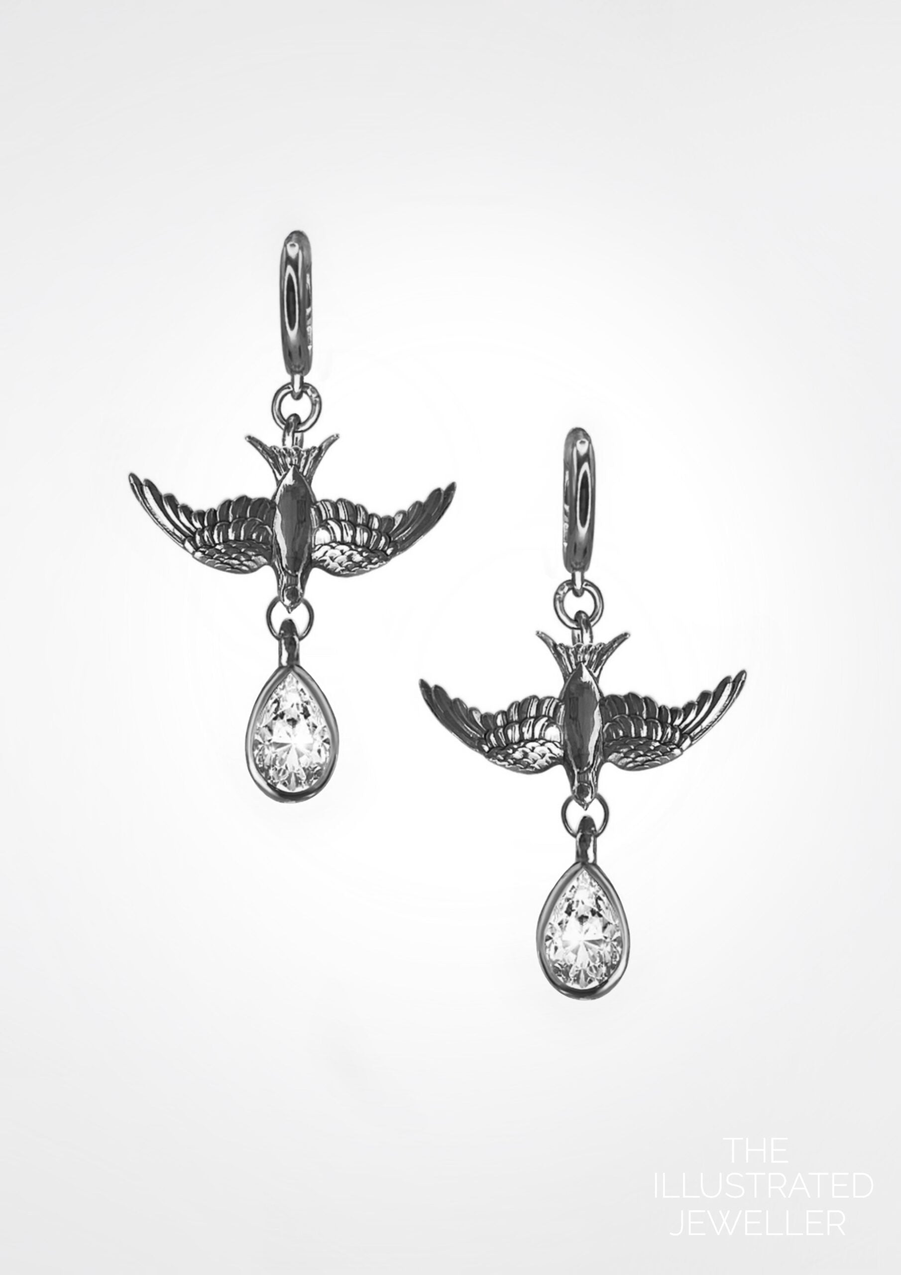 Safe Return Swallow Earrings, On Huggie clicker hoop, White Gold (pair)