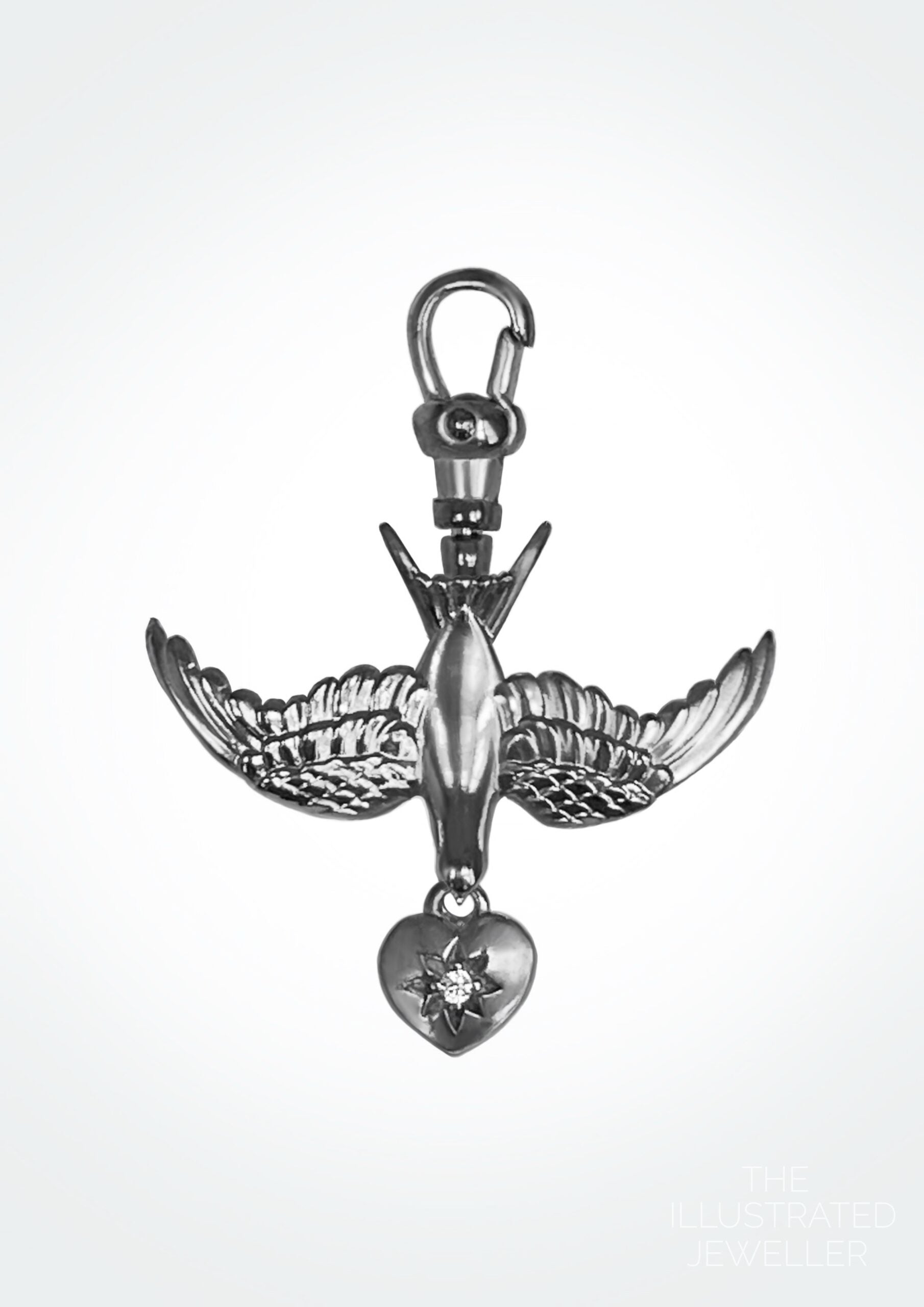 Silver Safe Return Charm with Swallow & Star Heart Drop