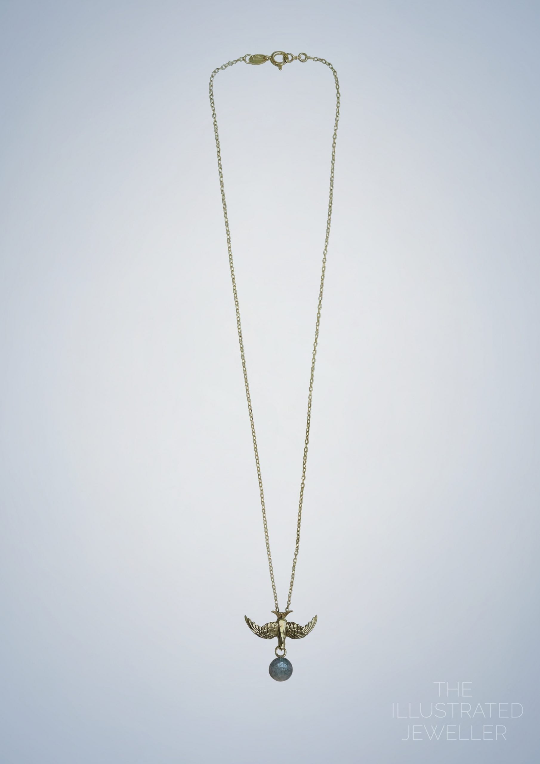 Gold swallow pendant, moss agate gemstone, ultra thin trace chain