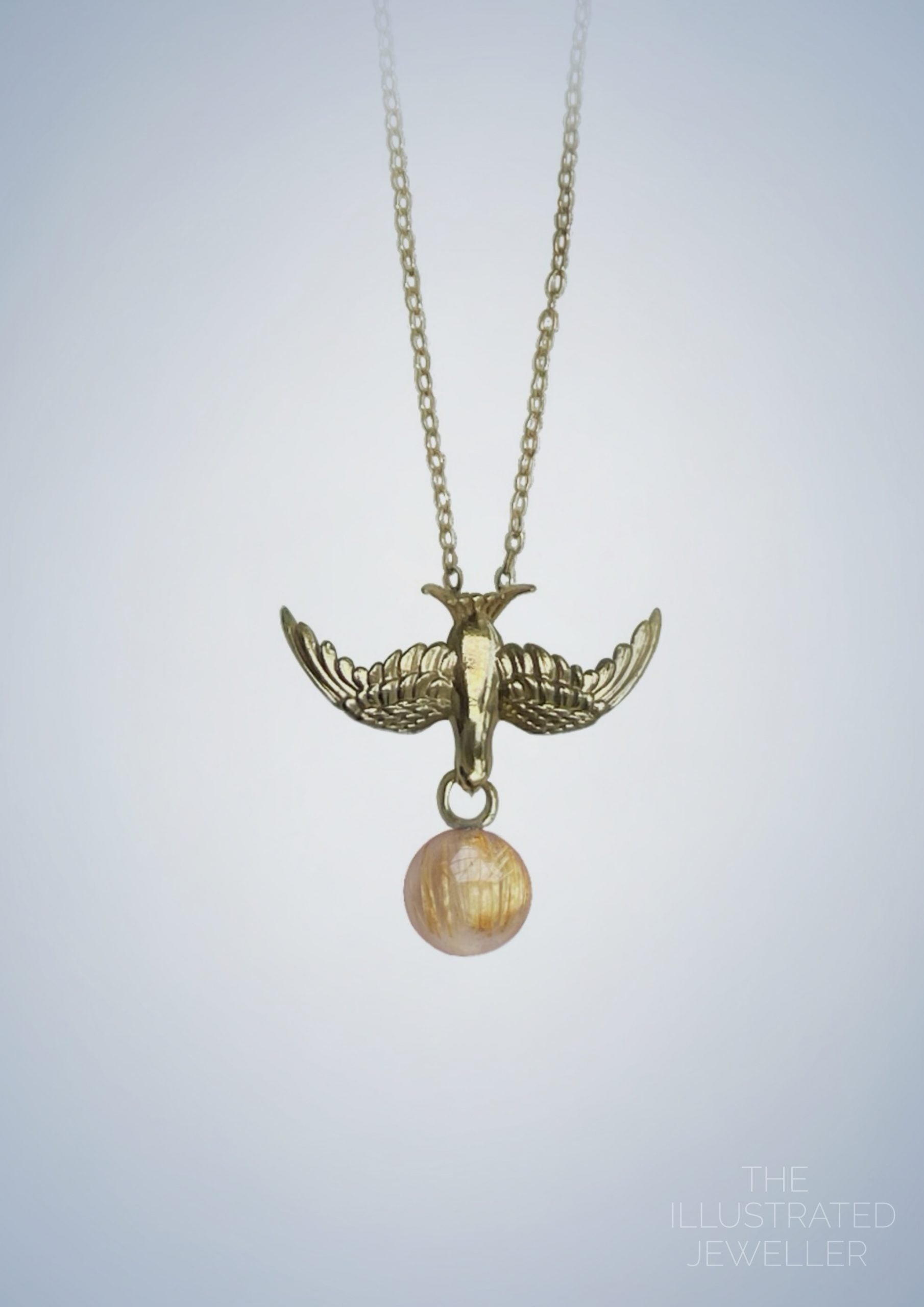 Gold swallow pendant, rutilated quartz gemstone, ultra thin trace chain