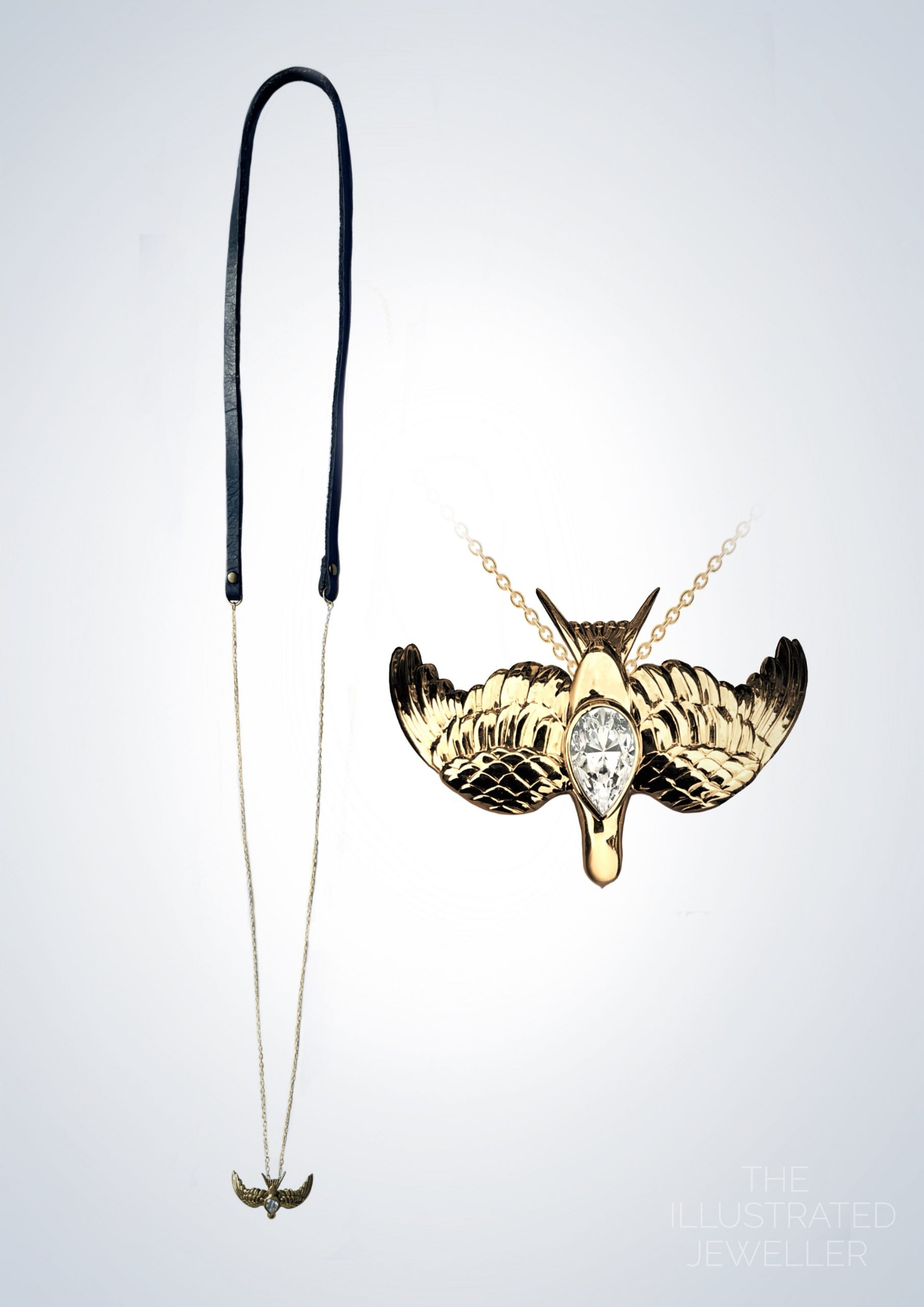 gold swallow pendant, leather strap, ultra thin trace chain