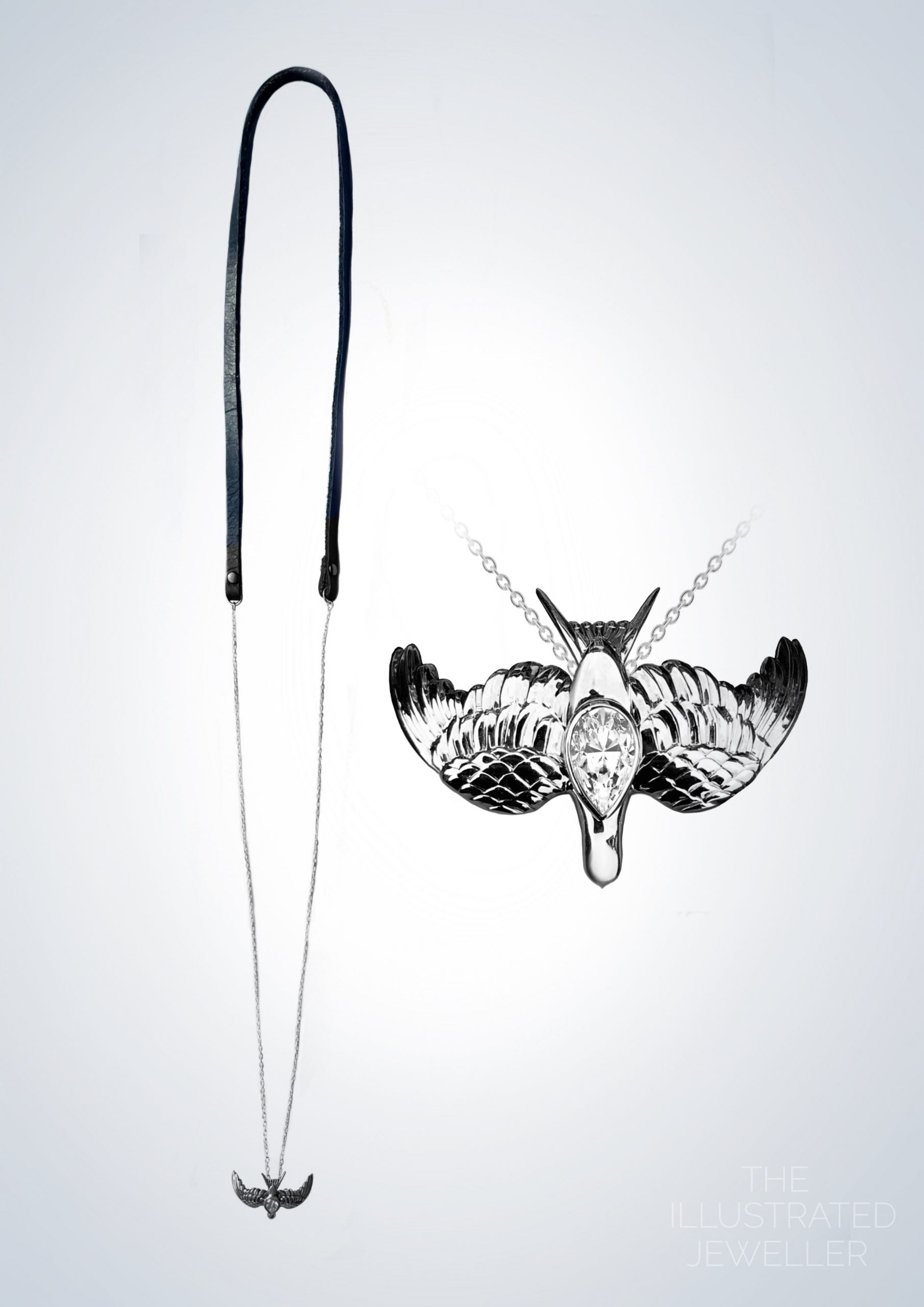 Silver swallow pendant, black leather strap, ultra thin trace chain