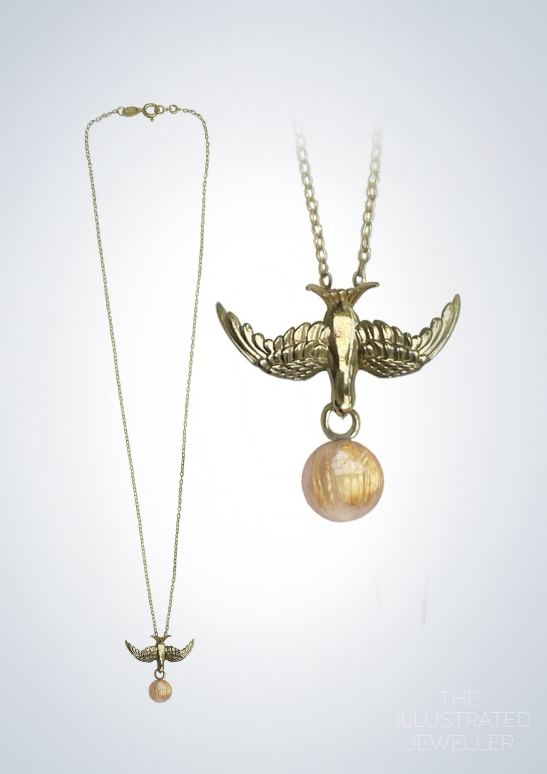 Gold swallow pendant, rutilated quartz gemstone, ultra thin trace chain