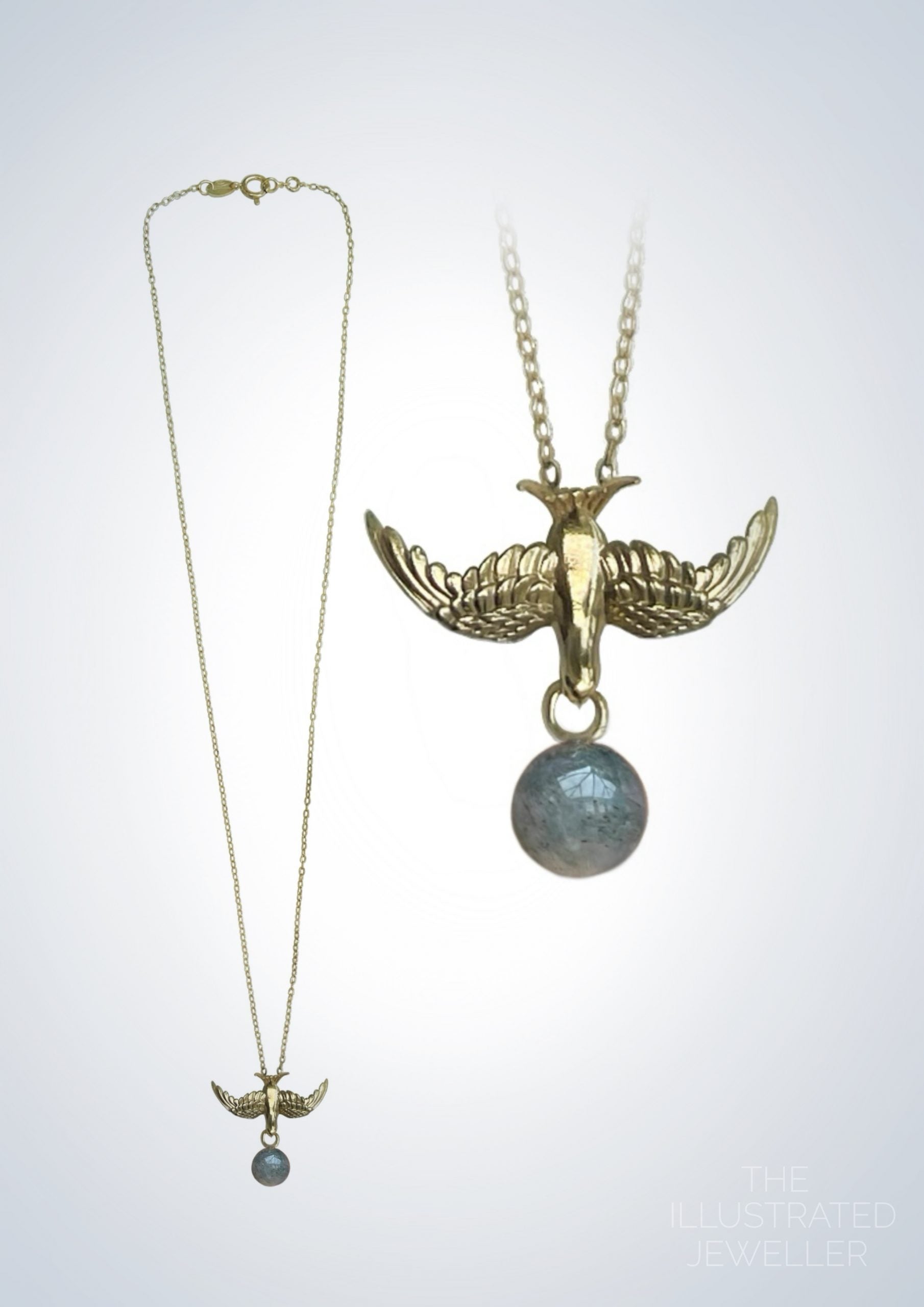 Gold swallow pendant, moss agate gemstone, ultra thin trace chain
