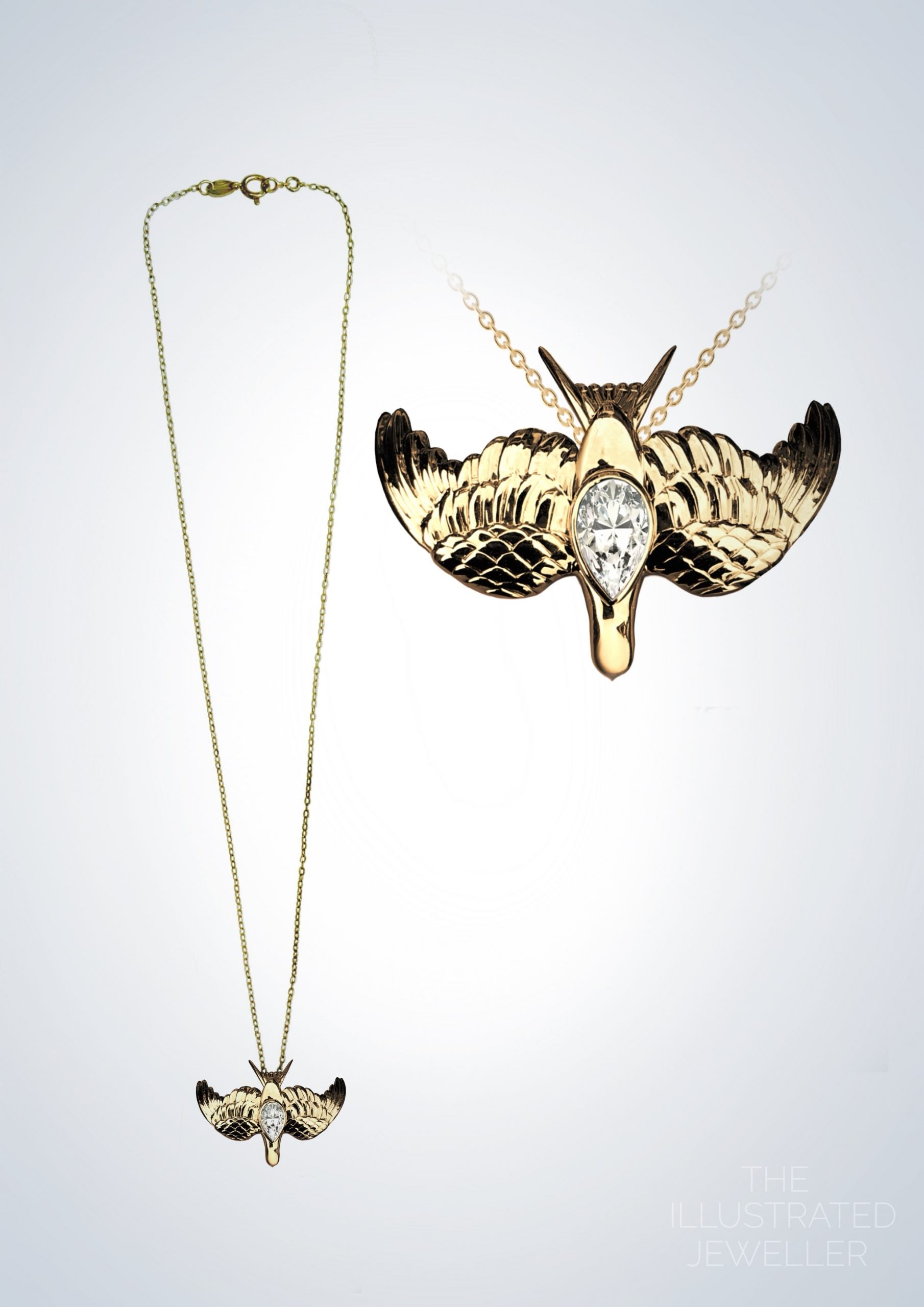 Gold swallow pendant with pear cubic zirconia, ultra thin trace chain