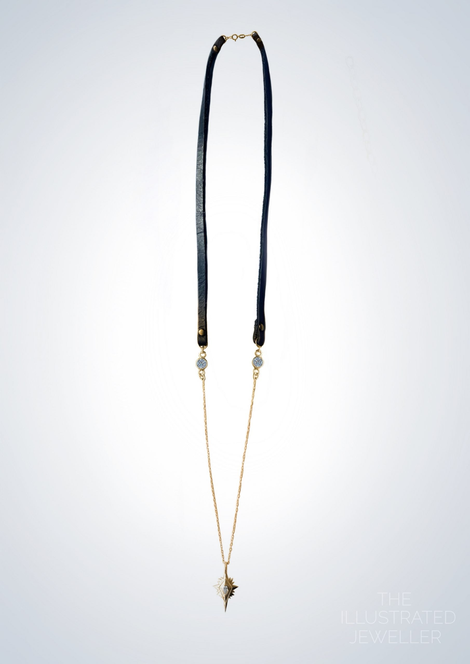 Gold northern star pendant, leather strap, SHORT trace chain (open clasp)