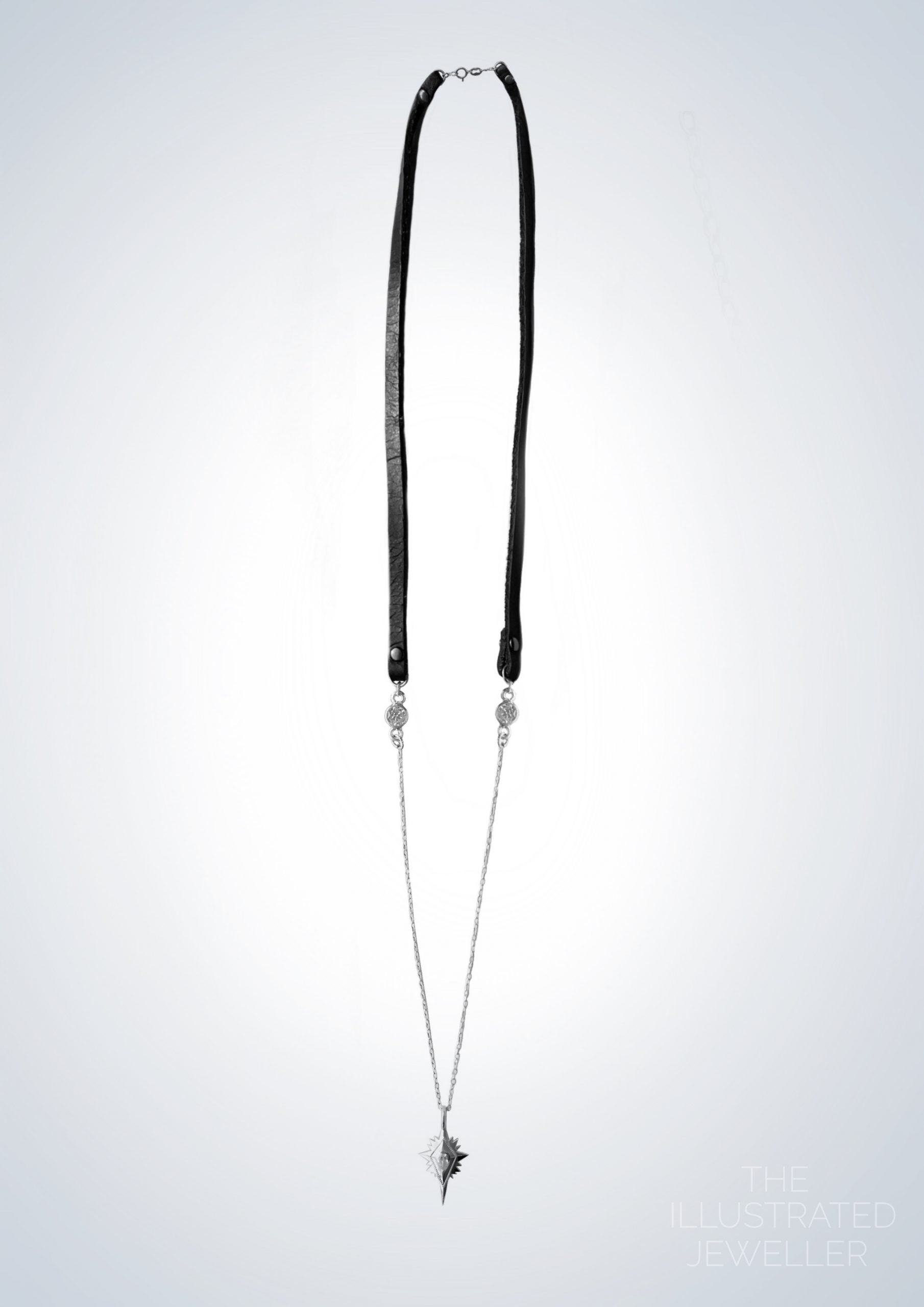 Silver northern star pendant, leather strap, SHORT trace chain (open clasp)