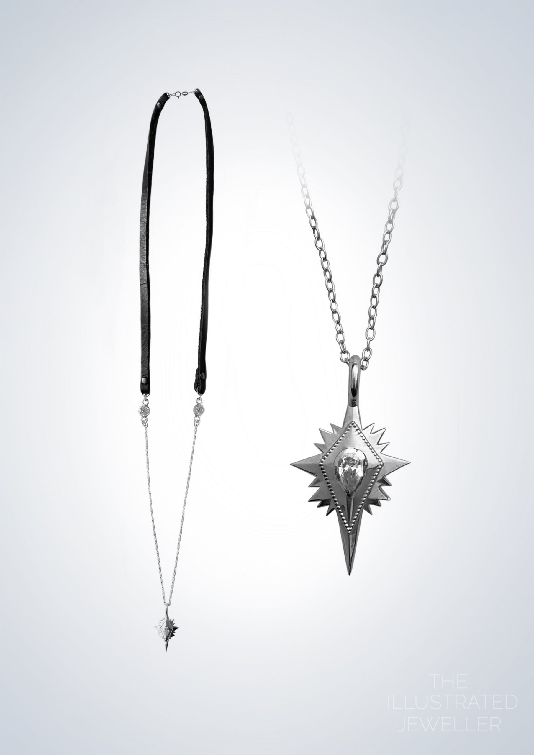 Silver northern star pendant, leather strap, SHORT trace chain (open clasp)