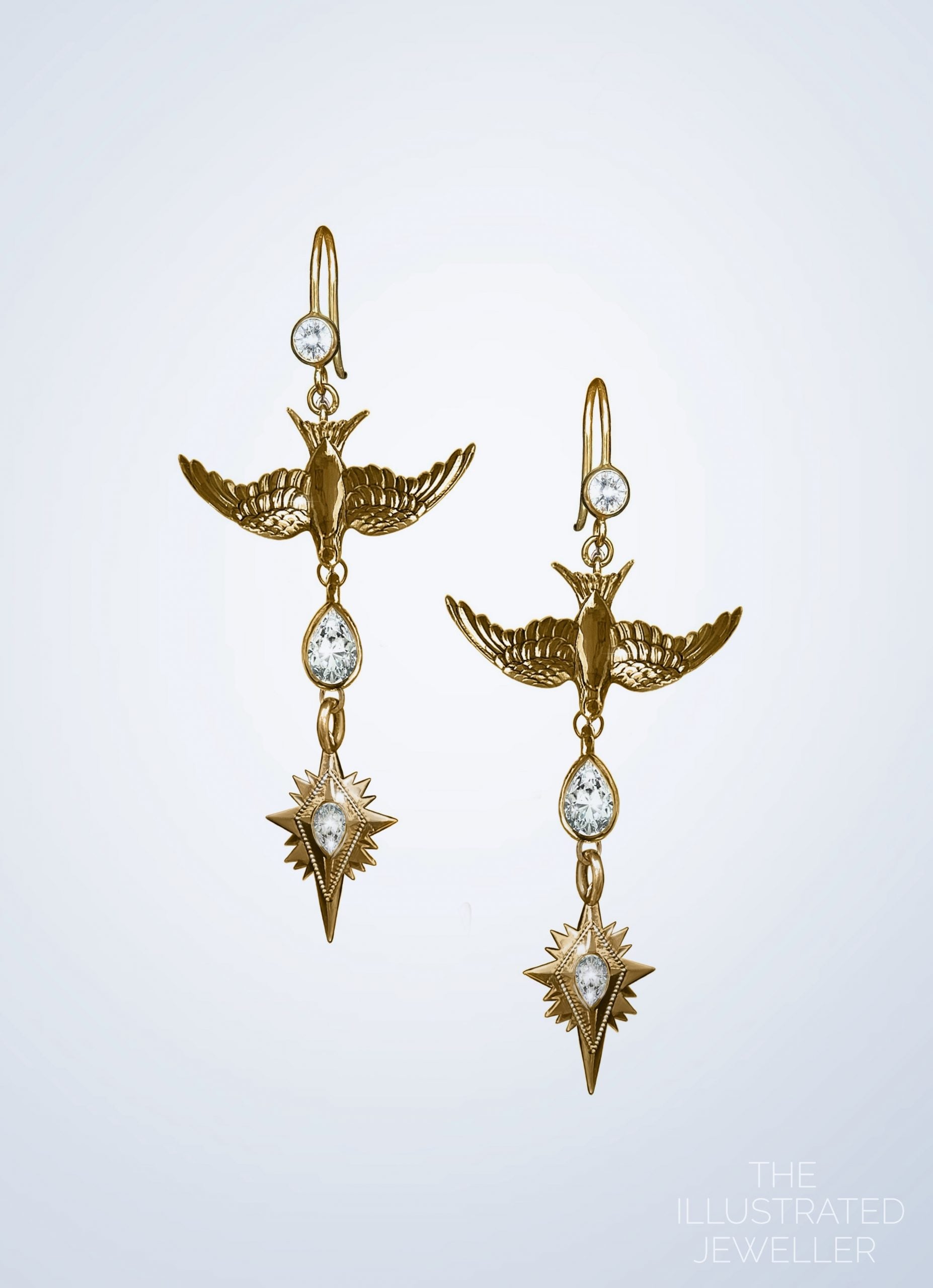 Swallow & Northern Star, Diamond Cocktail Earrings, yellow gold
