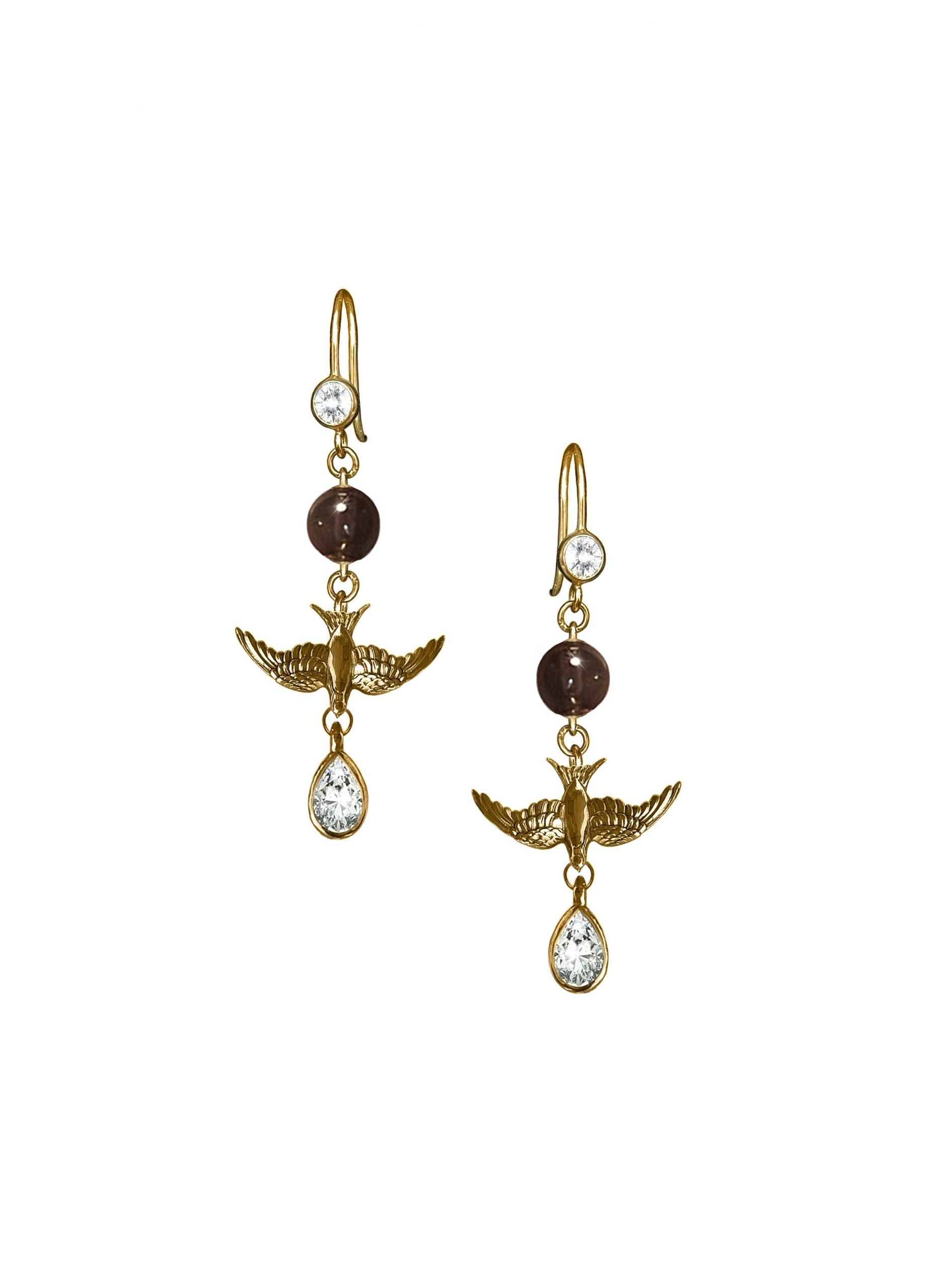 Small gold swallow earrings, with smoky quartz and pear charm