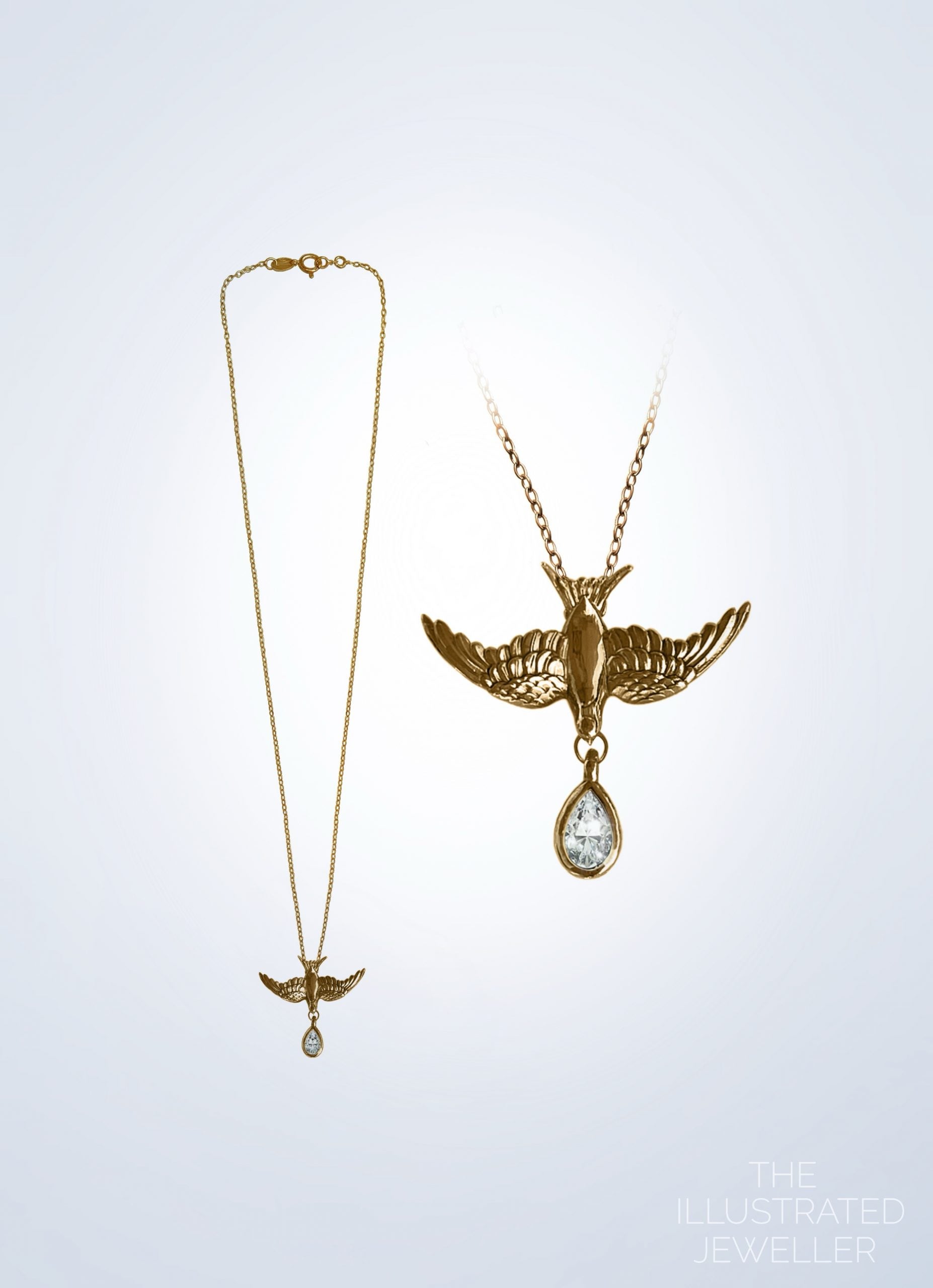 Medium Gold Swallow Pendant With Pear Cubic Zirconia, Ultra Thin Trace Chain