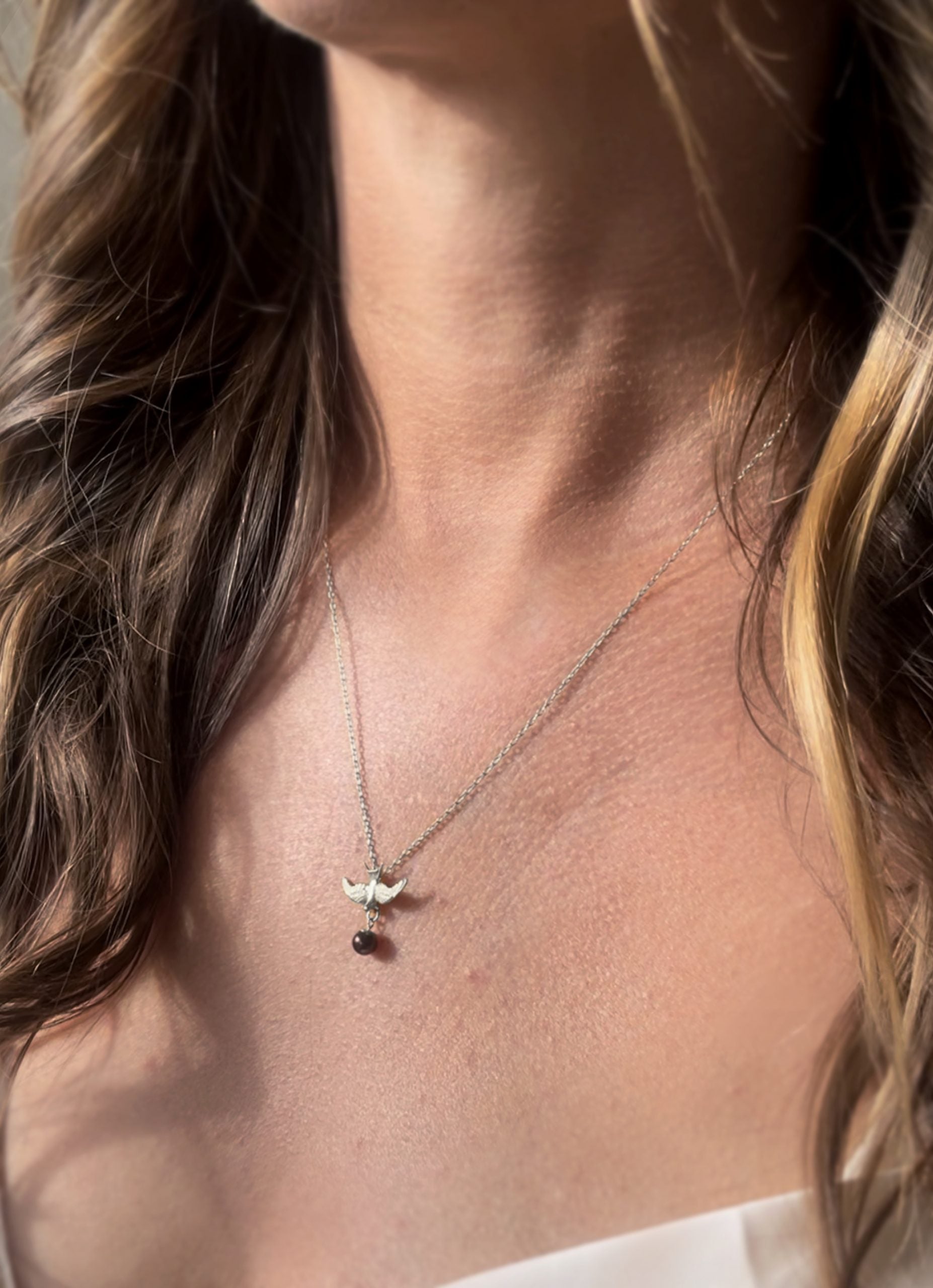 Small Silver Swallow Pendant, With Chocolate Pearl, Ultra Thin Trace Chain
