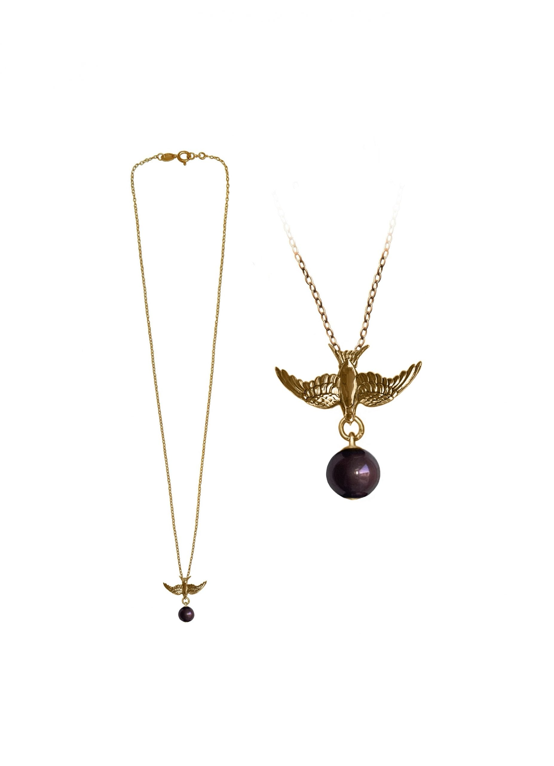 Small Gold Swallow Pendant, With Chocolate Pearl Charm, Ultra Thin Trace Chain