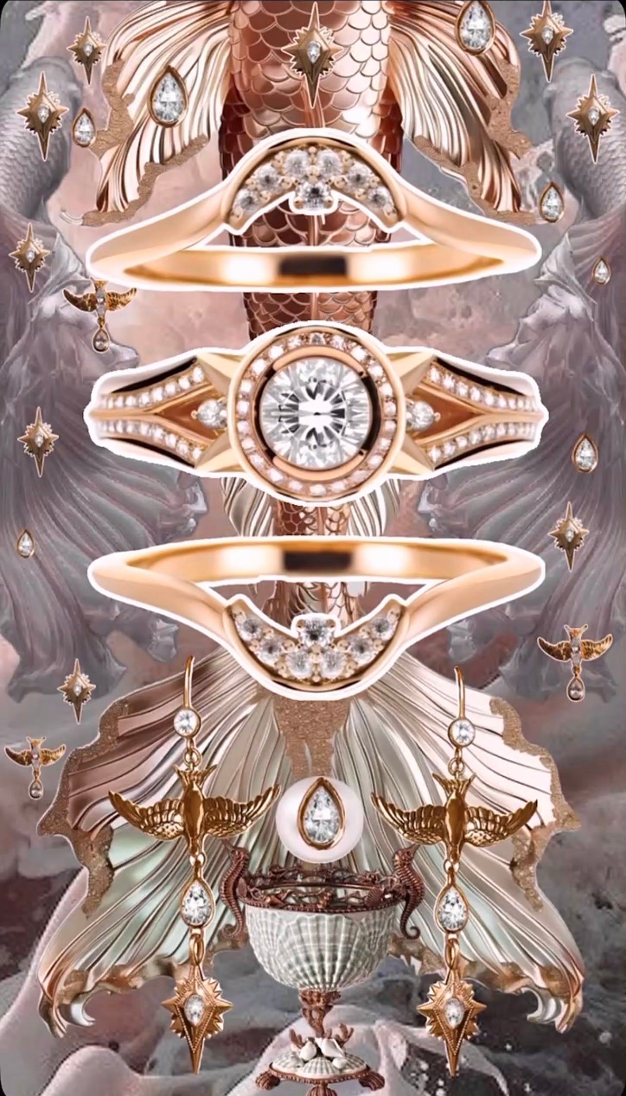 Rose gold diamond engagement ring set with celestial contour bands and earring charms