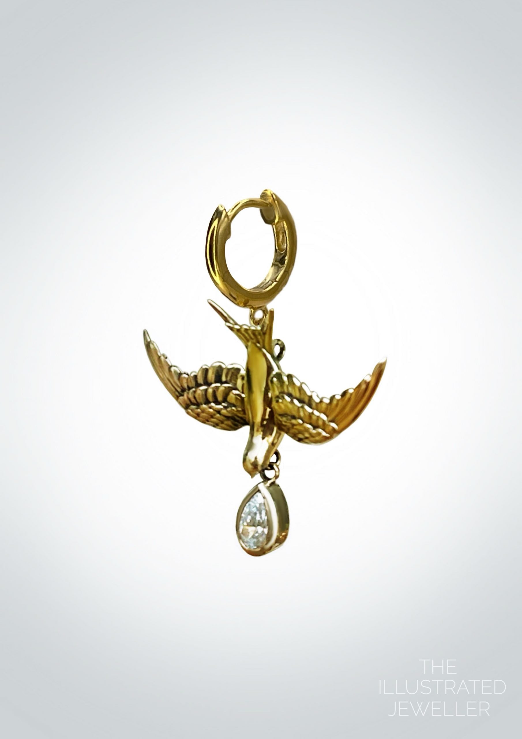 Safe Return Swallow Earrings, On Huggie clicker hoop, Yellow Gold (pair)