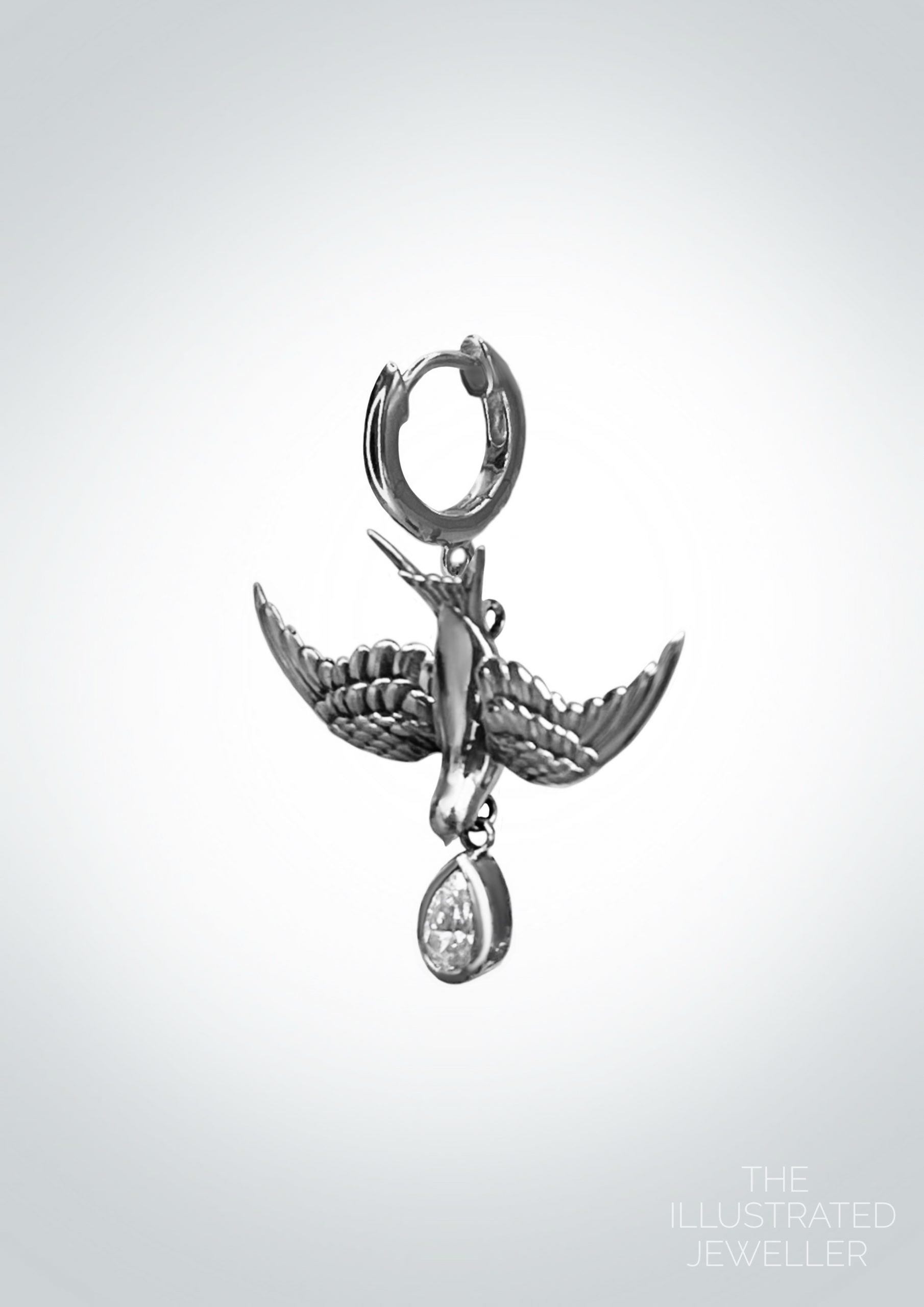 Safe return swallow earring On Huggie clicker hoop, white gold (single)