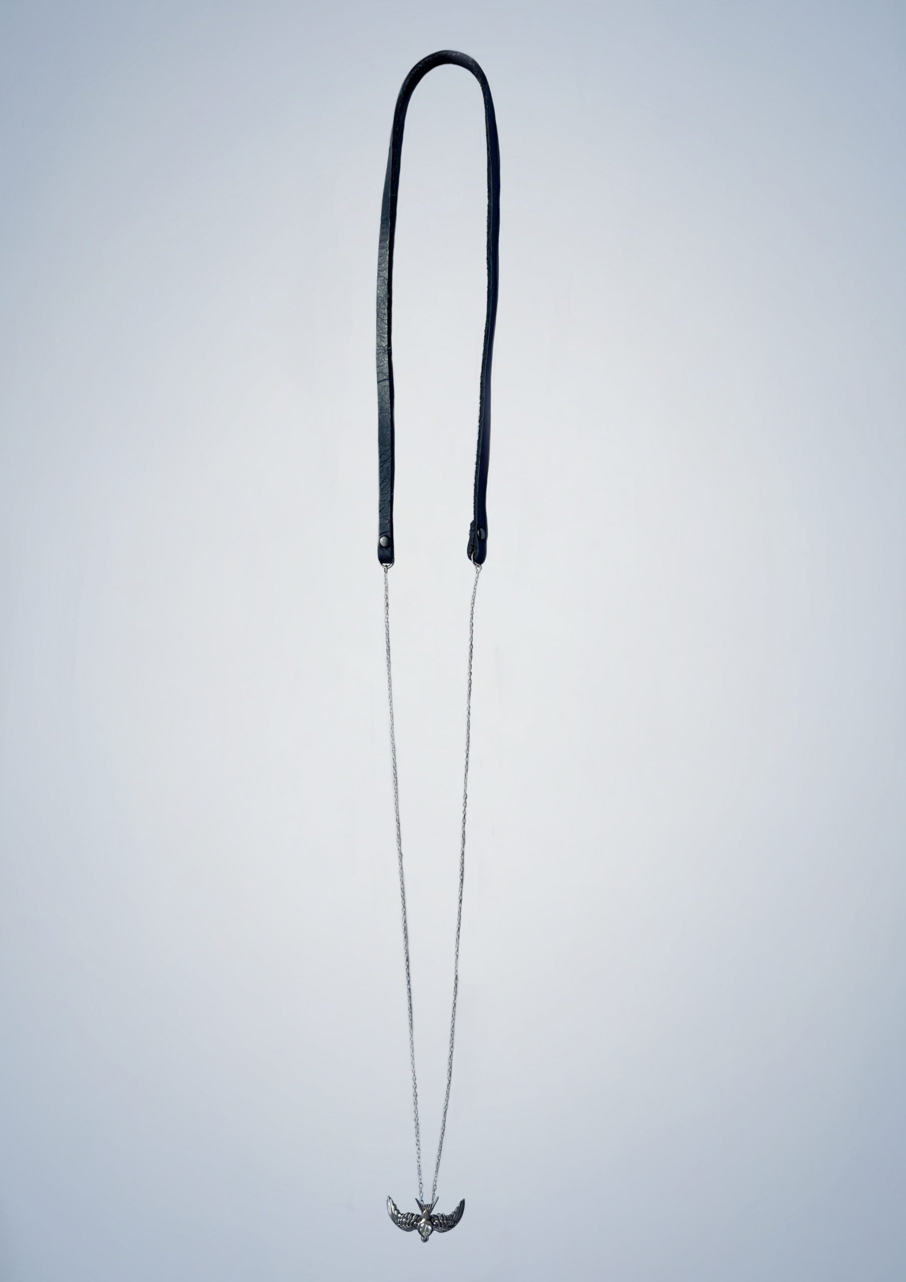 Silver swallow pendant, black leather strap, ultra thin trace chain