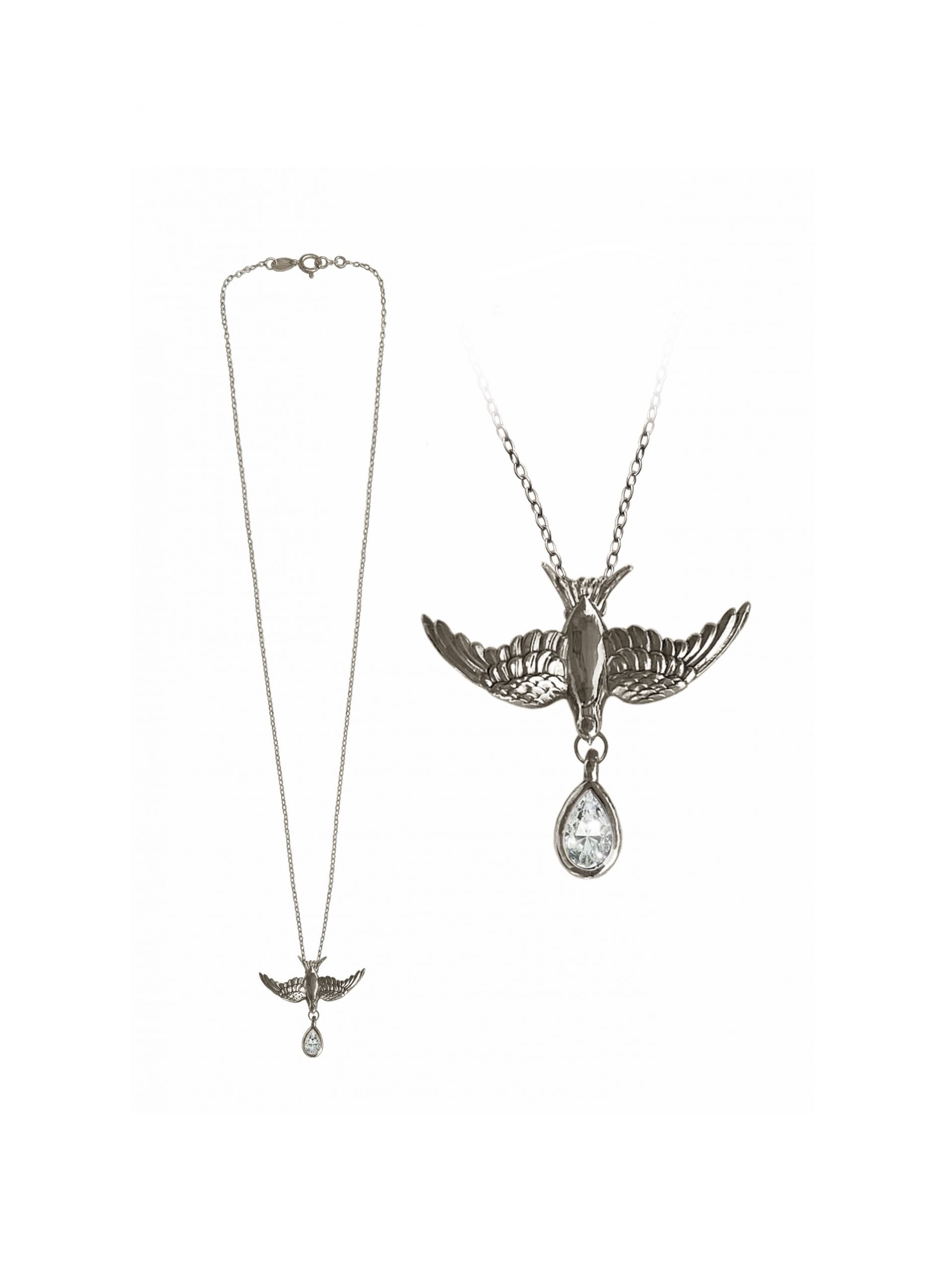 Medium Silver Swallow Pendant With Pear Cubic Zirconic, Ultra Thin Trace Chain