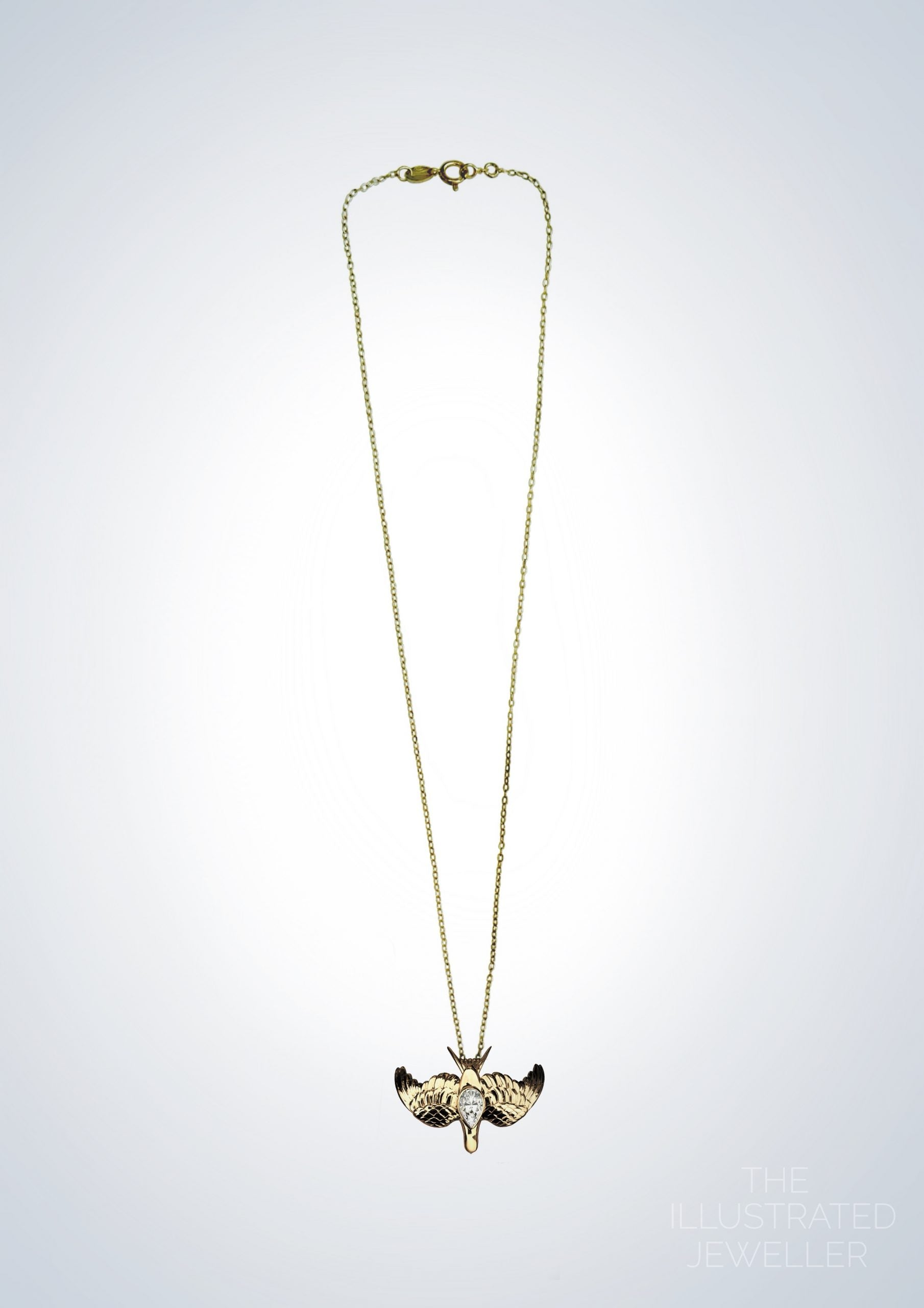 Gold swallow pendant with pear cubic zirconia, ultra thin trace chain