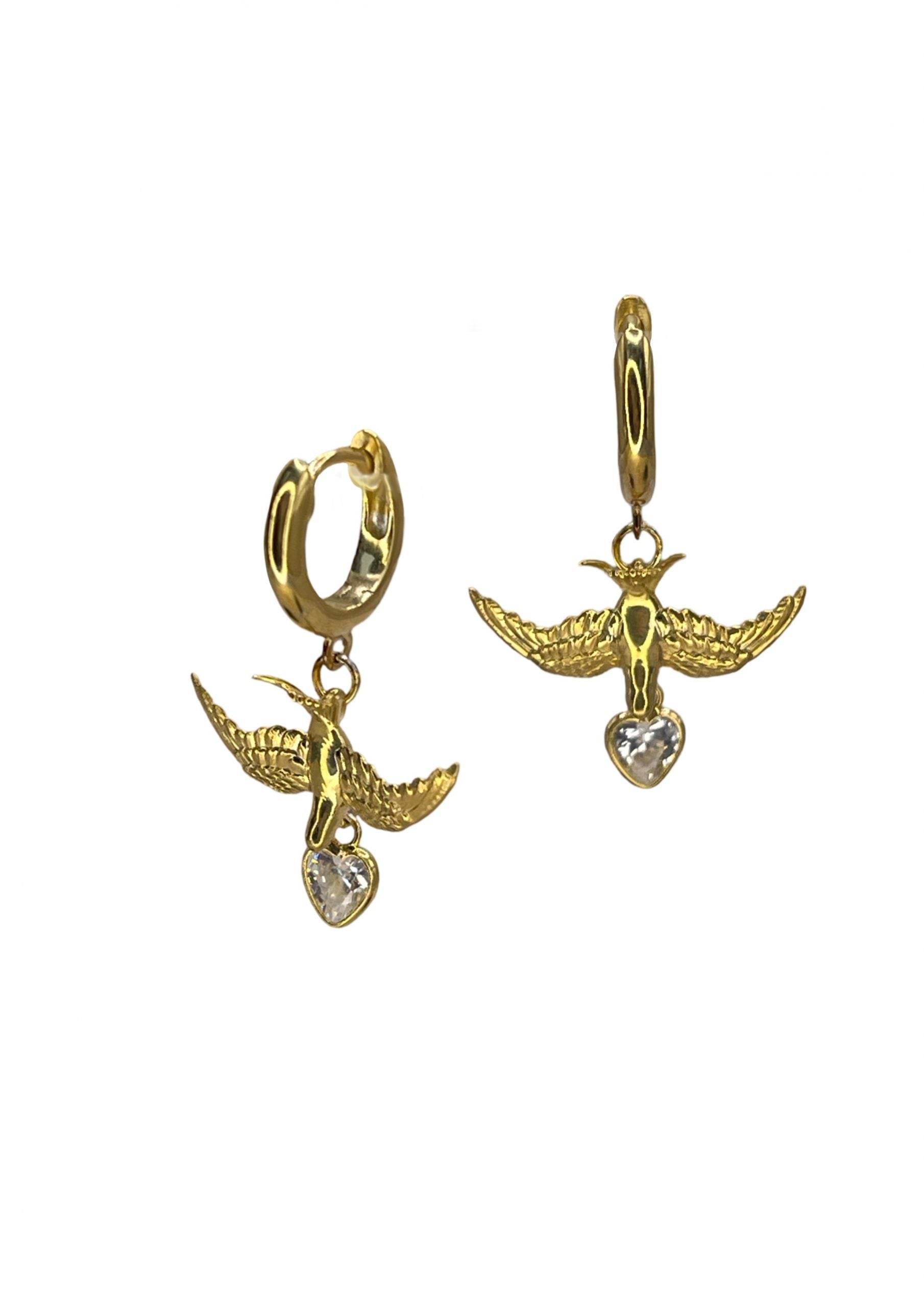 Small gold swallow earrings on clicker hoops, heart charm