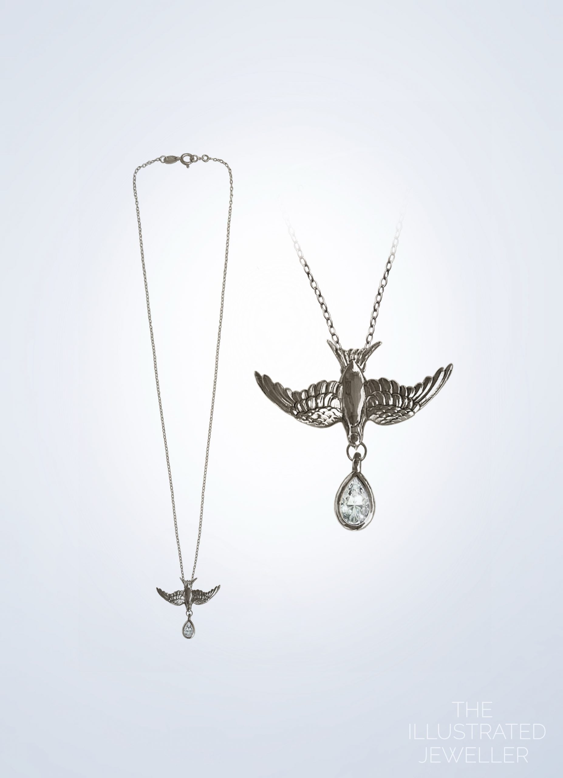 Medium Silver Swallow Pendant With Pear Cubic Zirconic, Ultra Thin Trace Chain