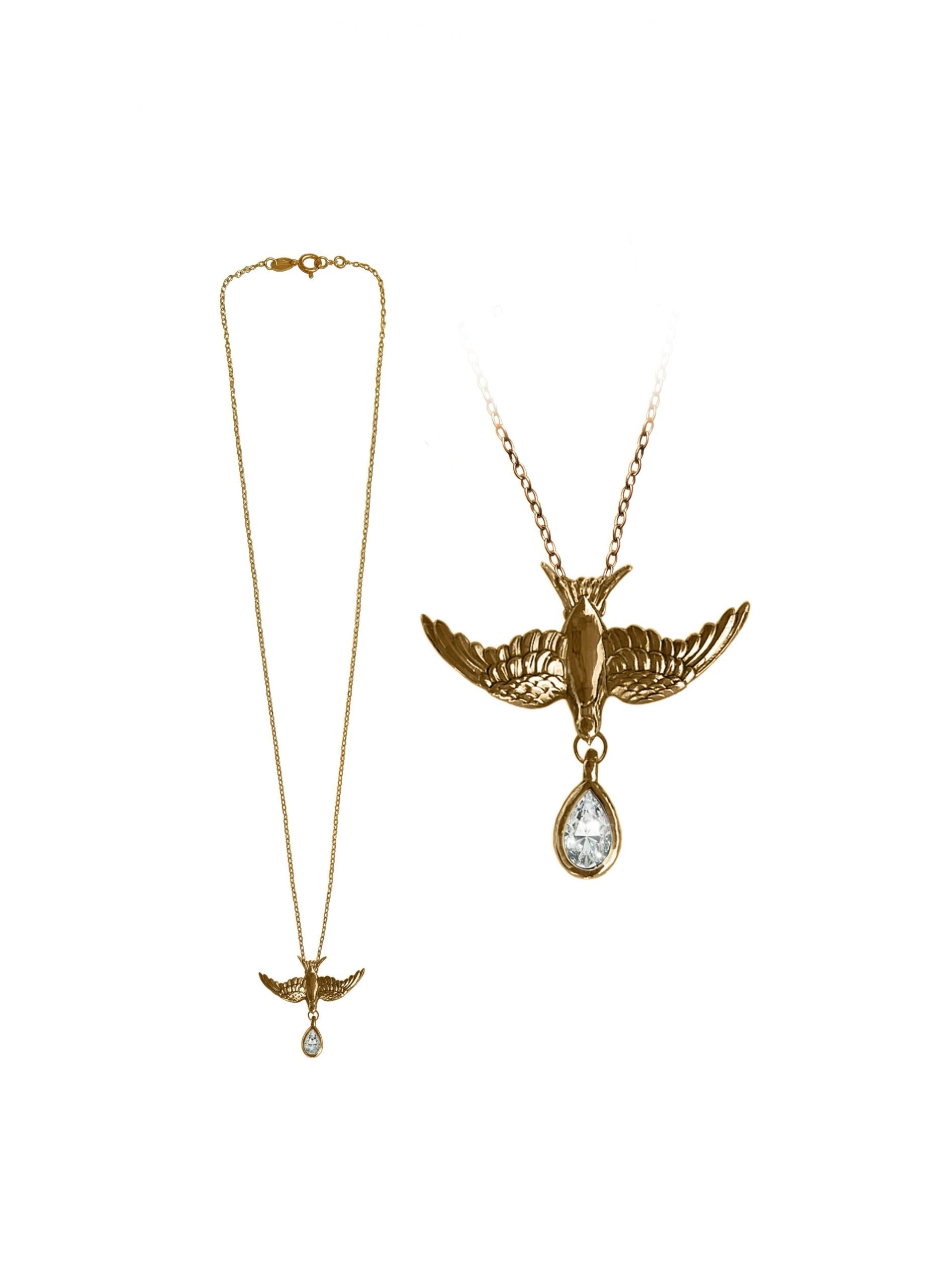 Medium Gold Swallow Pendant With Pear Cubic Zirconia, Ultra Thin Trace Chain