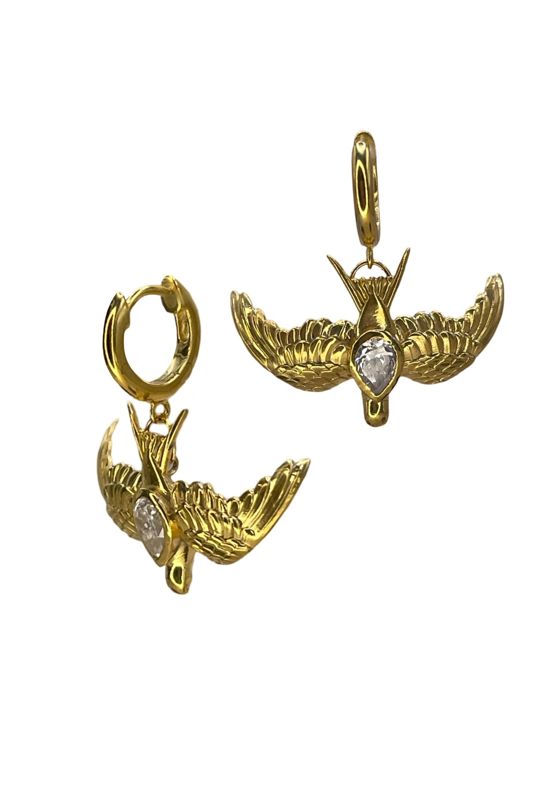 Large gold swallow on clicker hoops