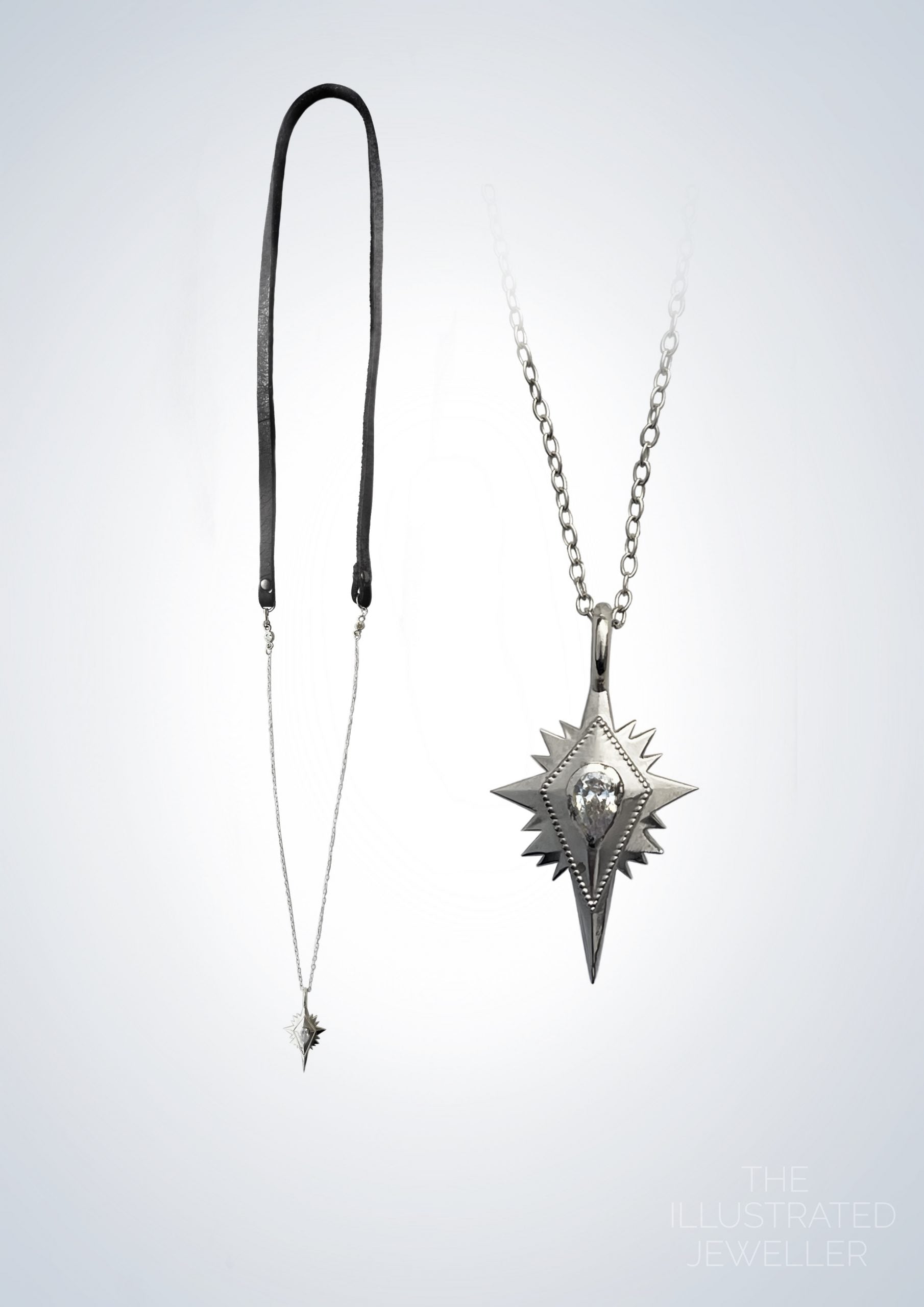 Northern star silver necklace, leather strap, LONG trace chain