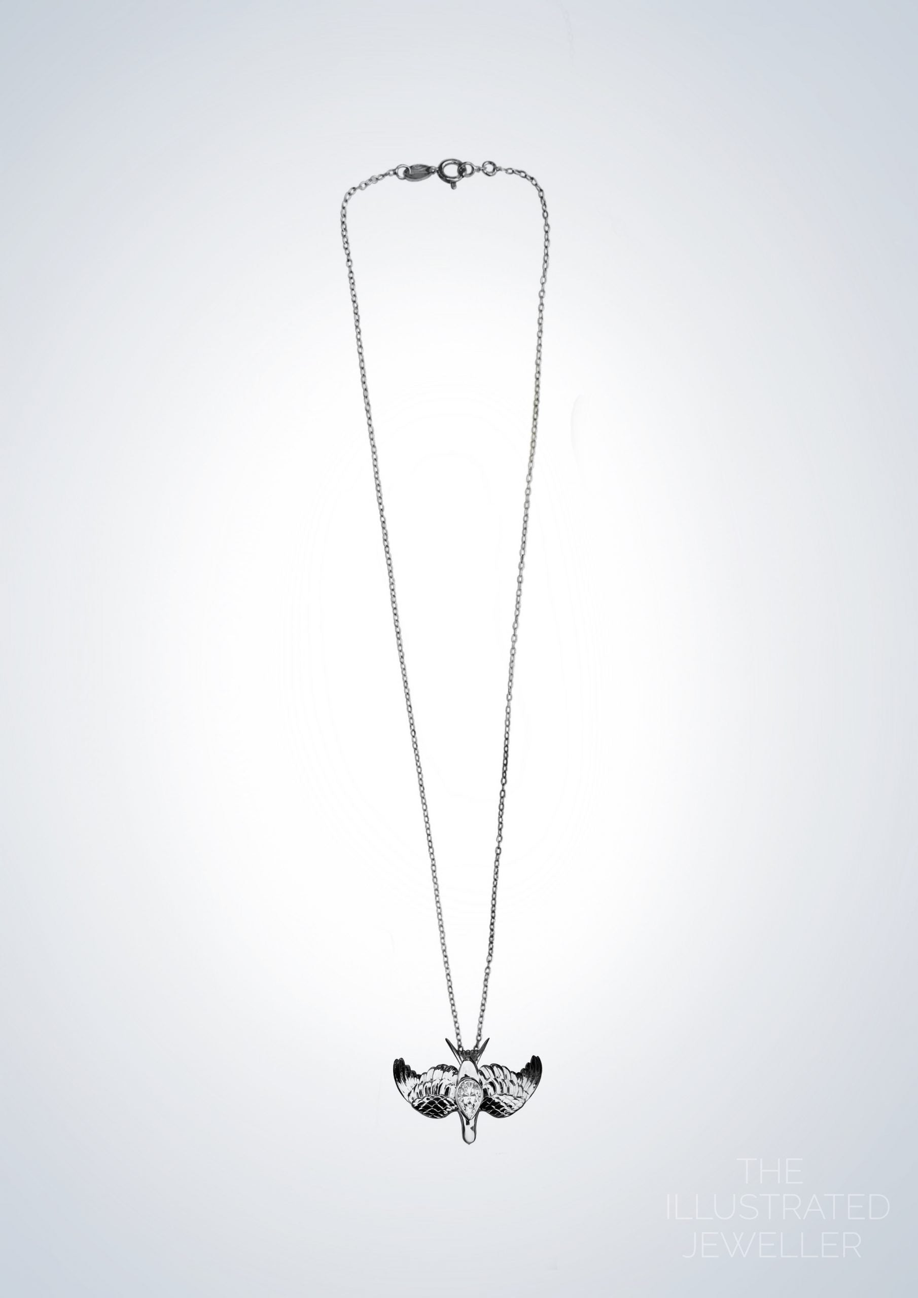 Silver swallow pendant with pear cubic zirconia, ultra thin trace chain