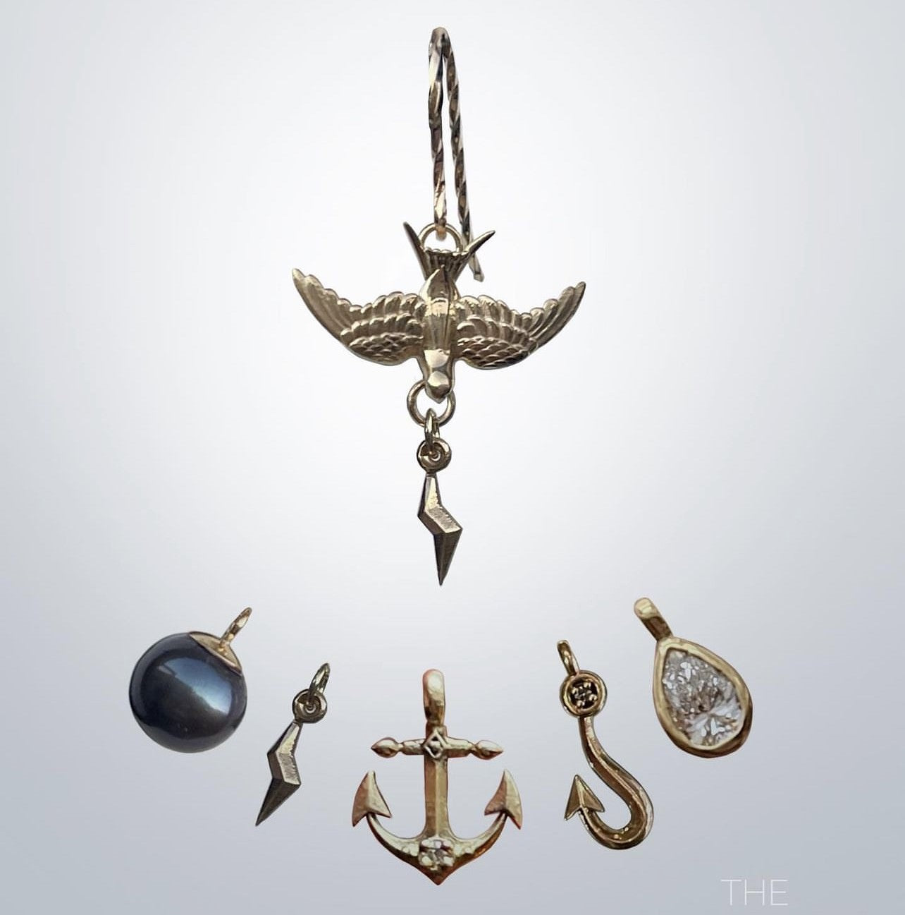 double swallow diamond & pearl cocktail earrings, yellow gold