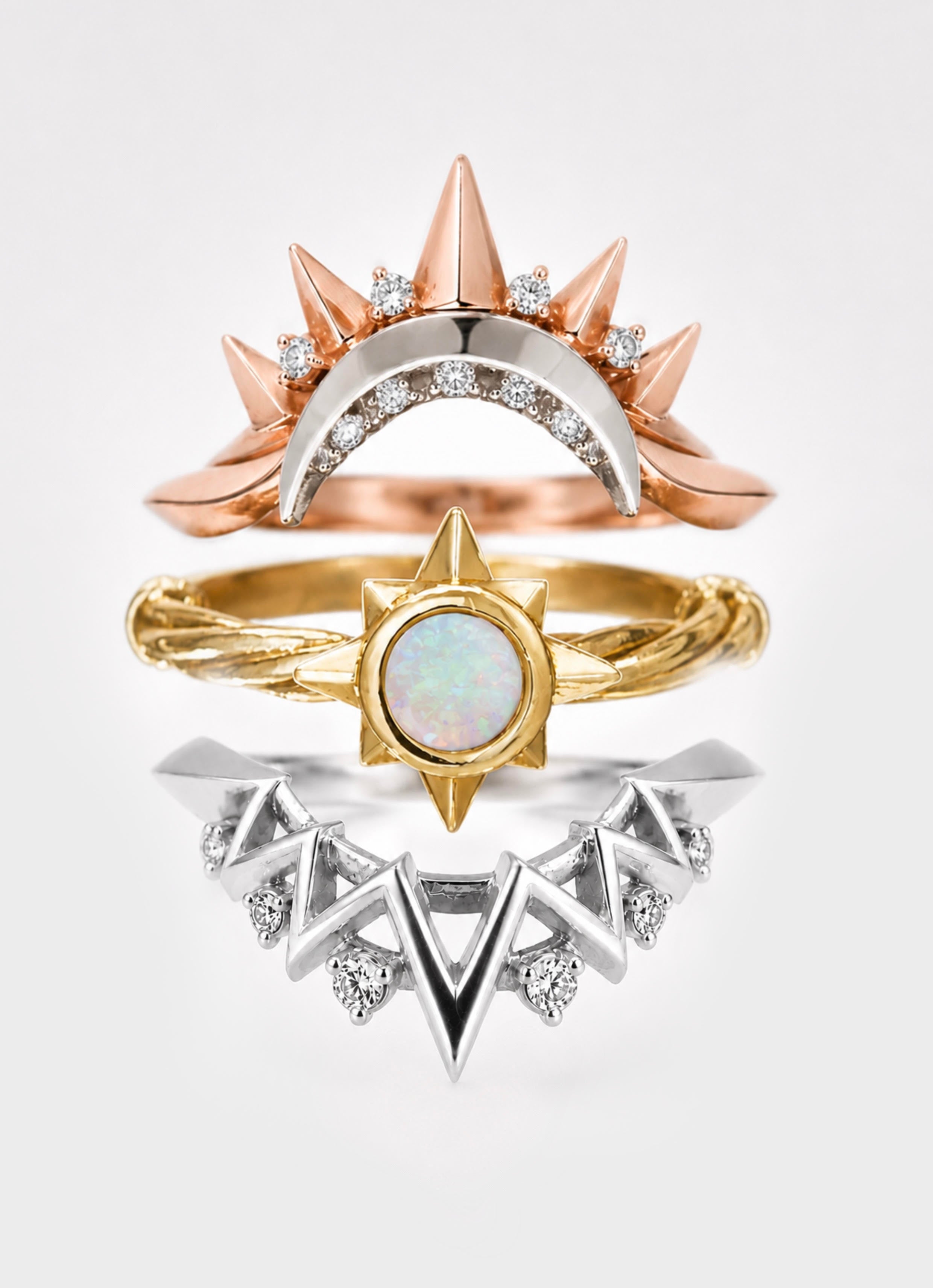 "look to the stars" ring stack with coloured gemstone, mixed golds