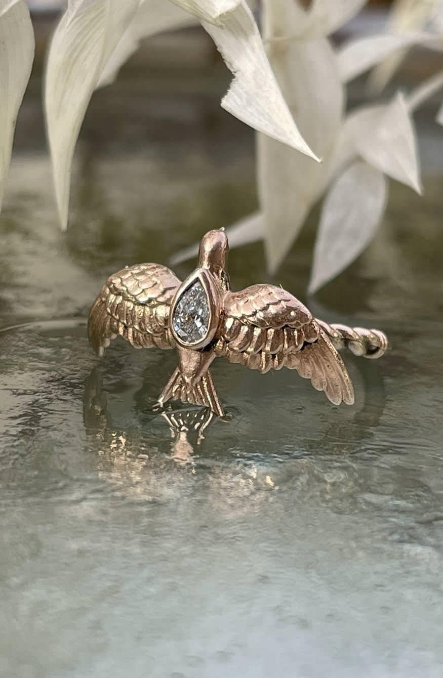 SAMPLE SALE: Swallow Ring With Pear Diamond, 9ct Rose Gold