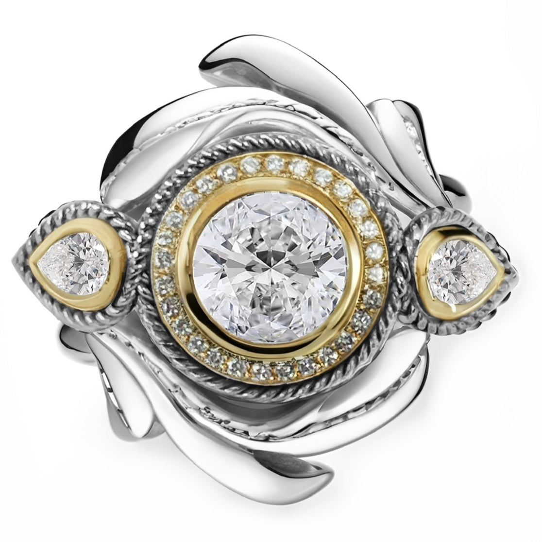 Bi-metal Seaweed Ring – Organic sculptural ring crafted in yellow gold, white gold, and diamonds.