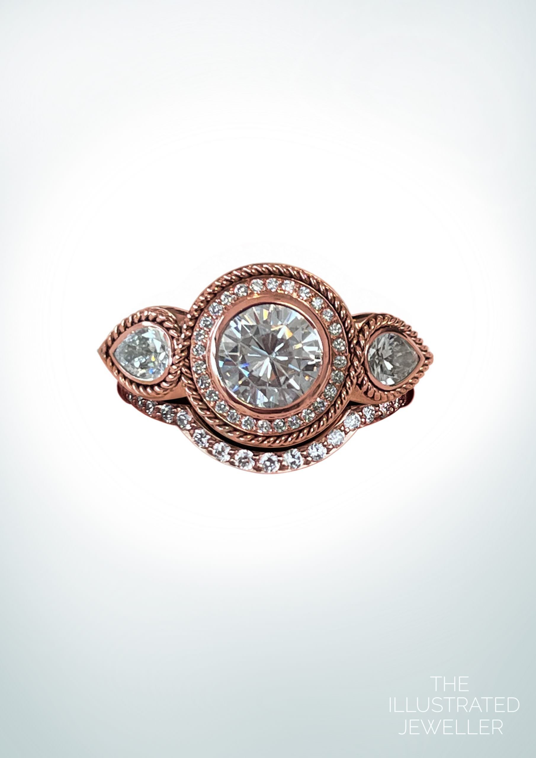 “Total eclipse” diamond ring & pave wedding band, rose gold
