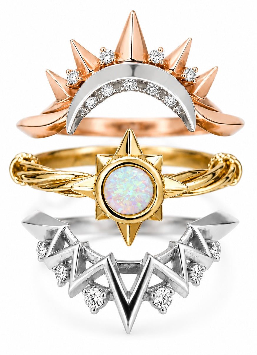 "look to the stars" ring stack with coloured gemstone, mixed golds
