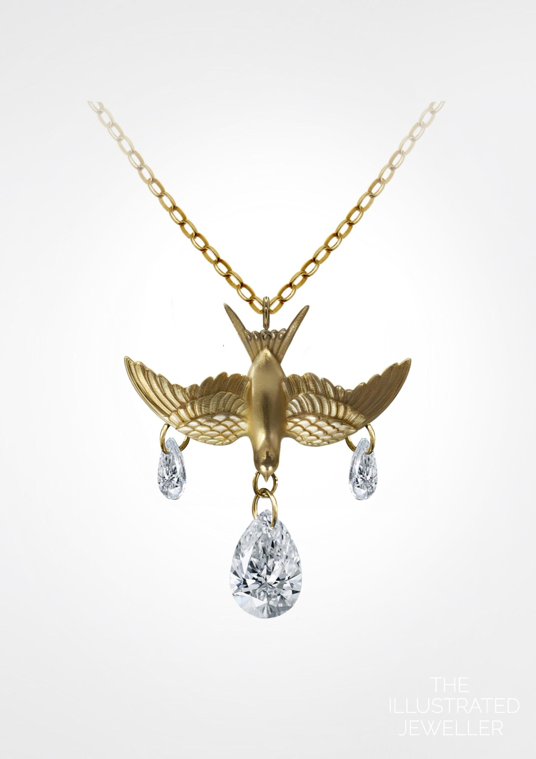 Swallow Pendant Necklace – 18ct Gold Vermeil with Floating Pear CZ Charms on Trace Chain