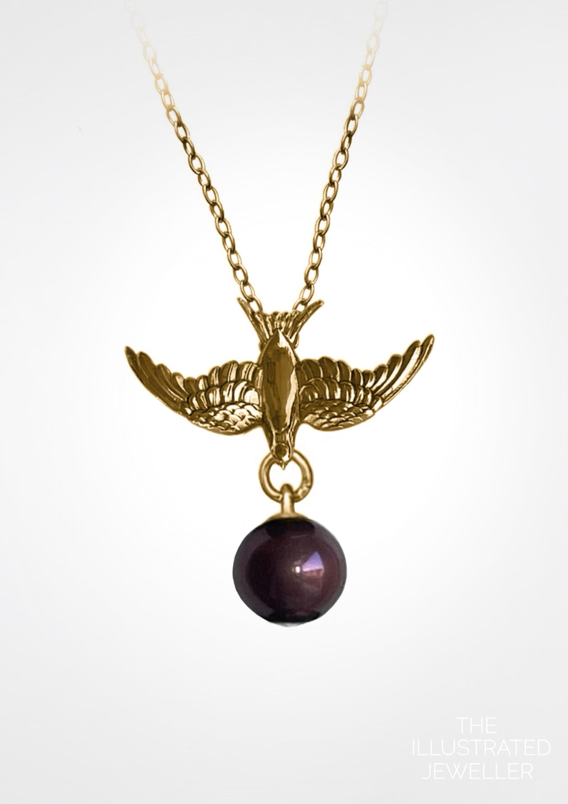 Swallow Pendant Necklace – 18ct Gold Vermeil with Chocolate Pearl on Fine Trace Chain