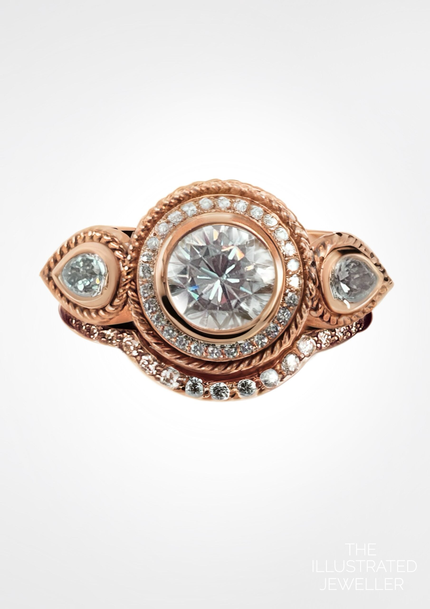 “Total eclipse” diamond ring & pave wedding band, rose gold