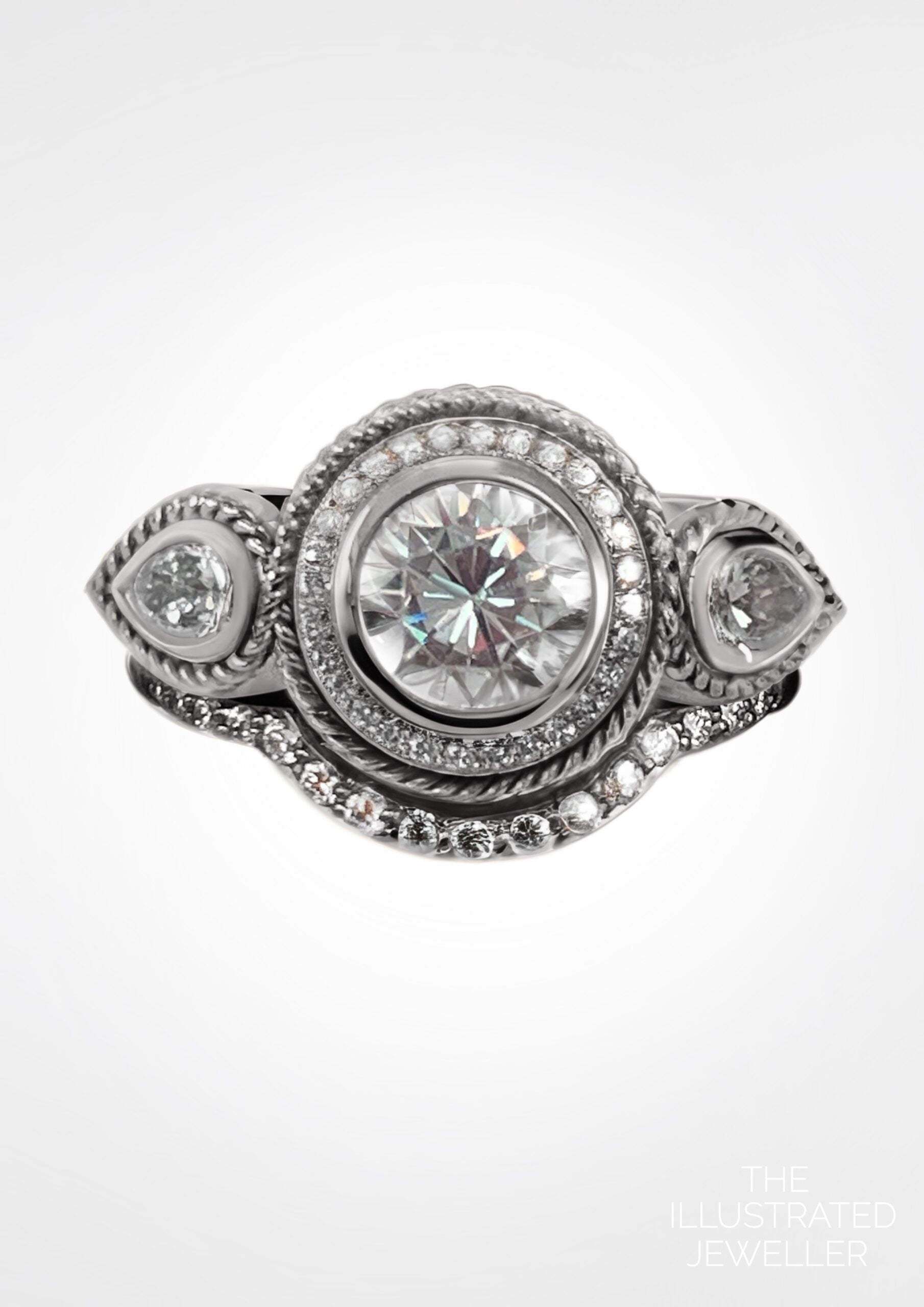 “Total eclipse” diamond ring, & pave wedding band, white gold