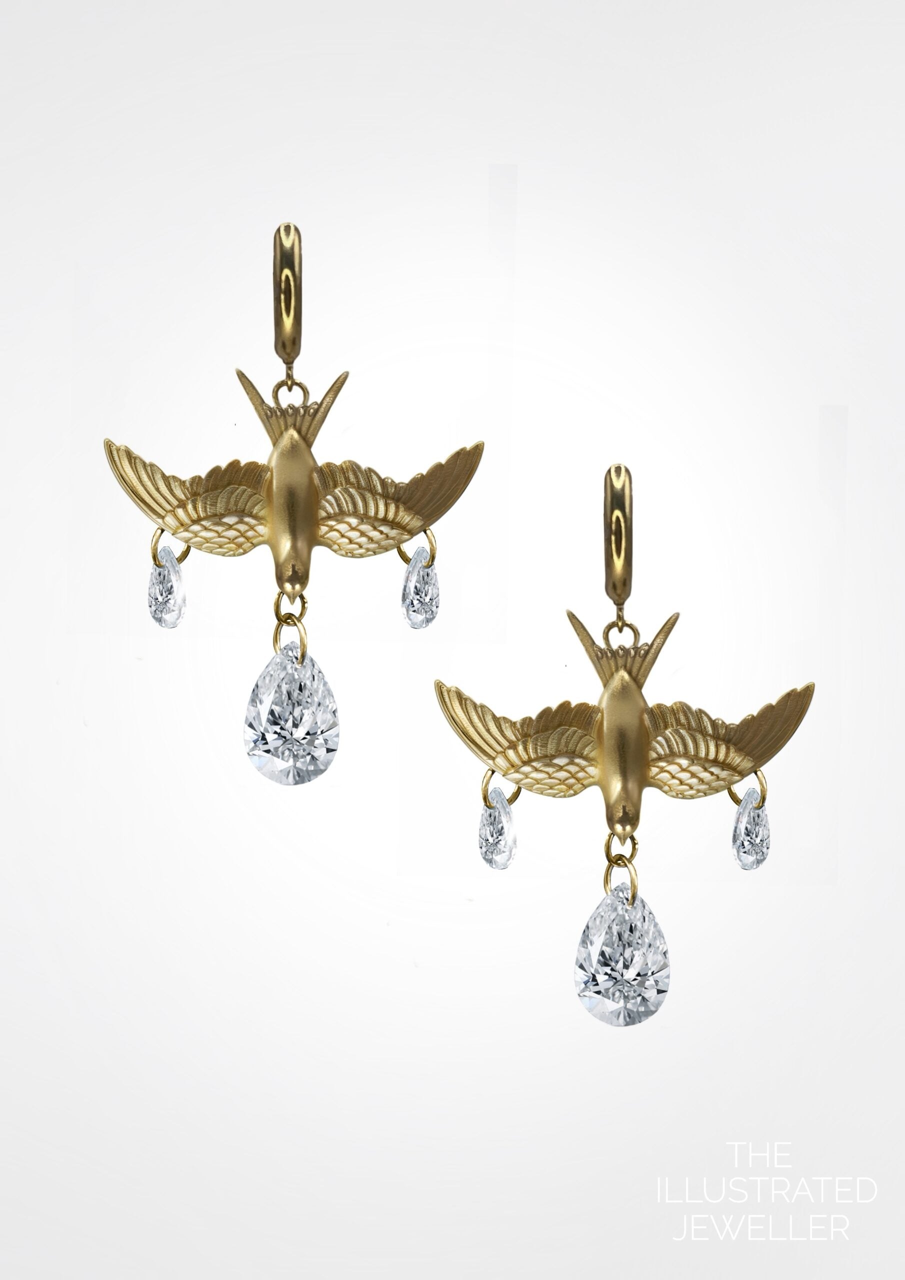 Swallow Huggie Hoop Earrings – 18ct Gold Vermeil Clicker Hoops with Floating CZ Pear Charms