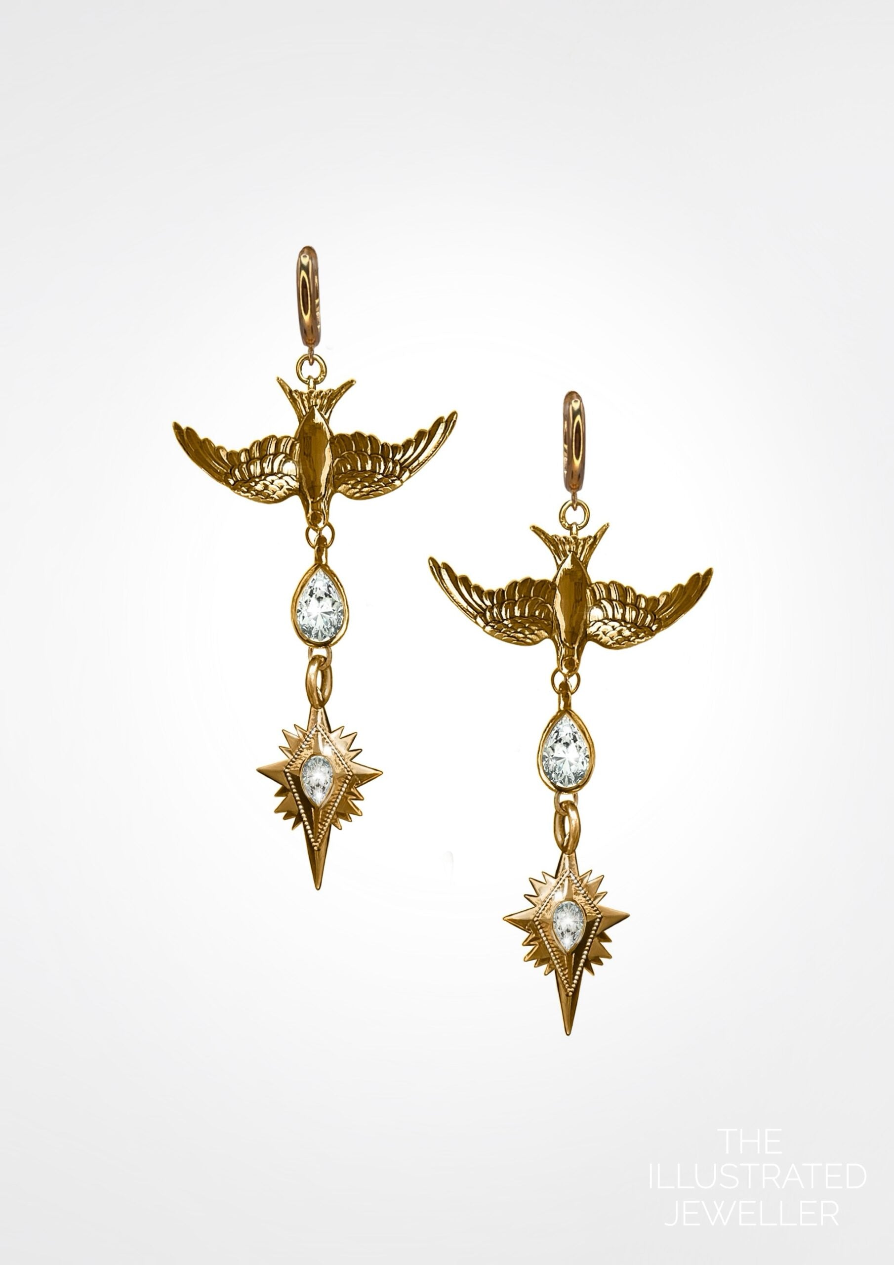 Swallow & Northern Star Cocktail Drop Earrings – 18ct Gold Vermeil with CZ on Huggie Hoops
