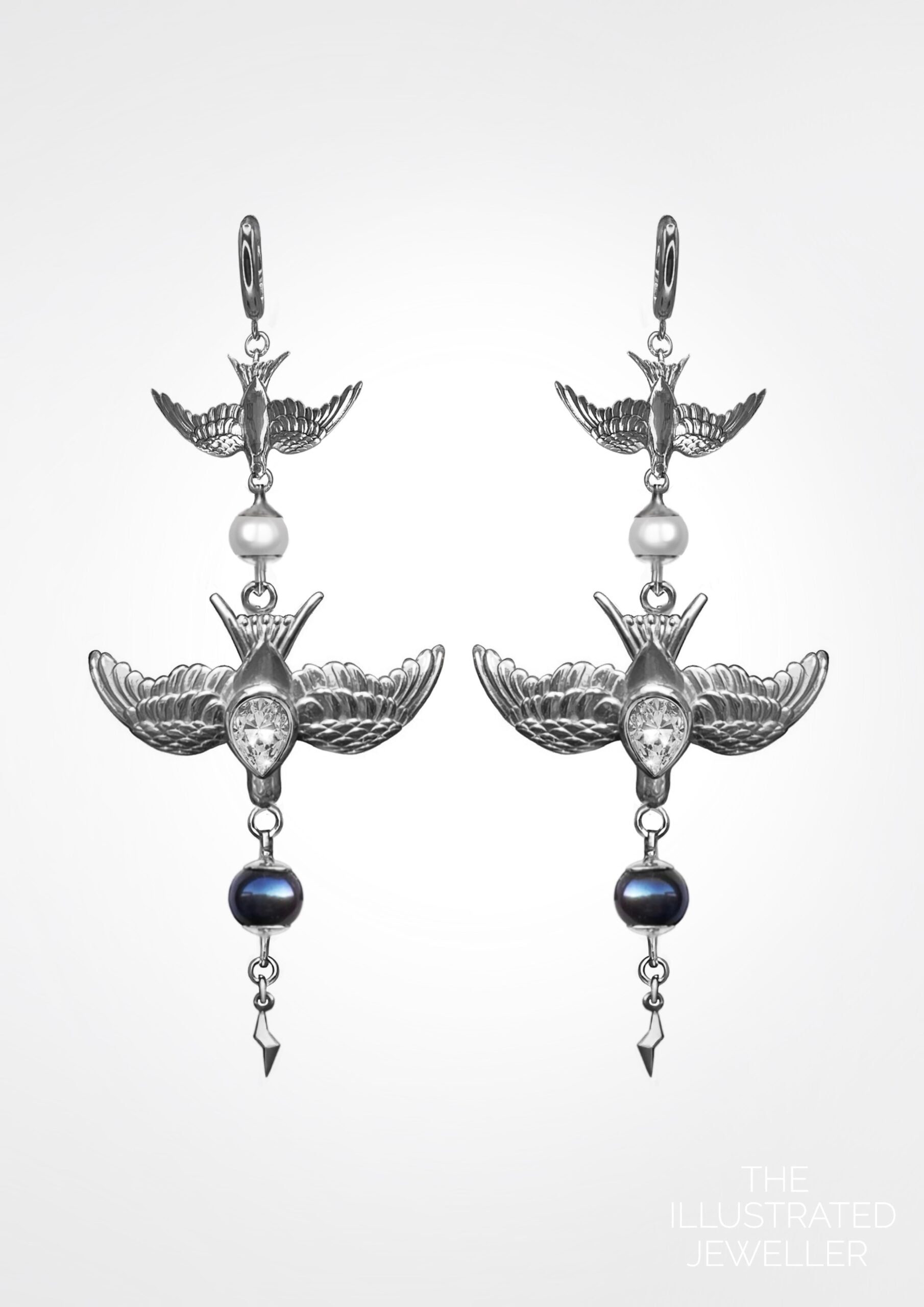 double swallow diamond & pearl cocktail earrings, white gold